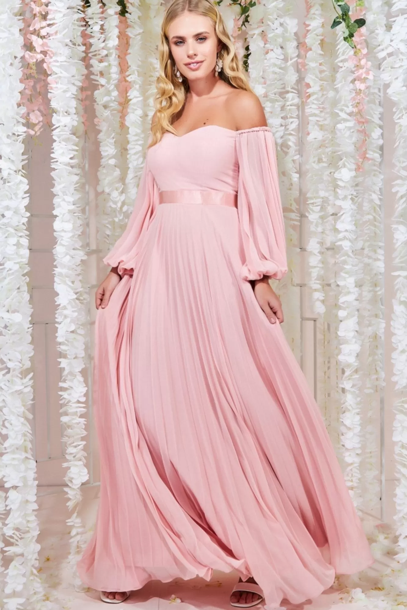 Maxi Dresses^* Bardot Chiffon Pleated Maxi Blush