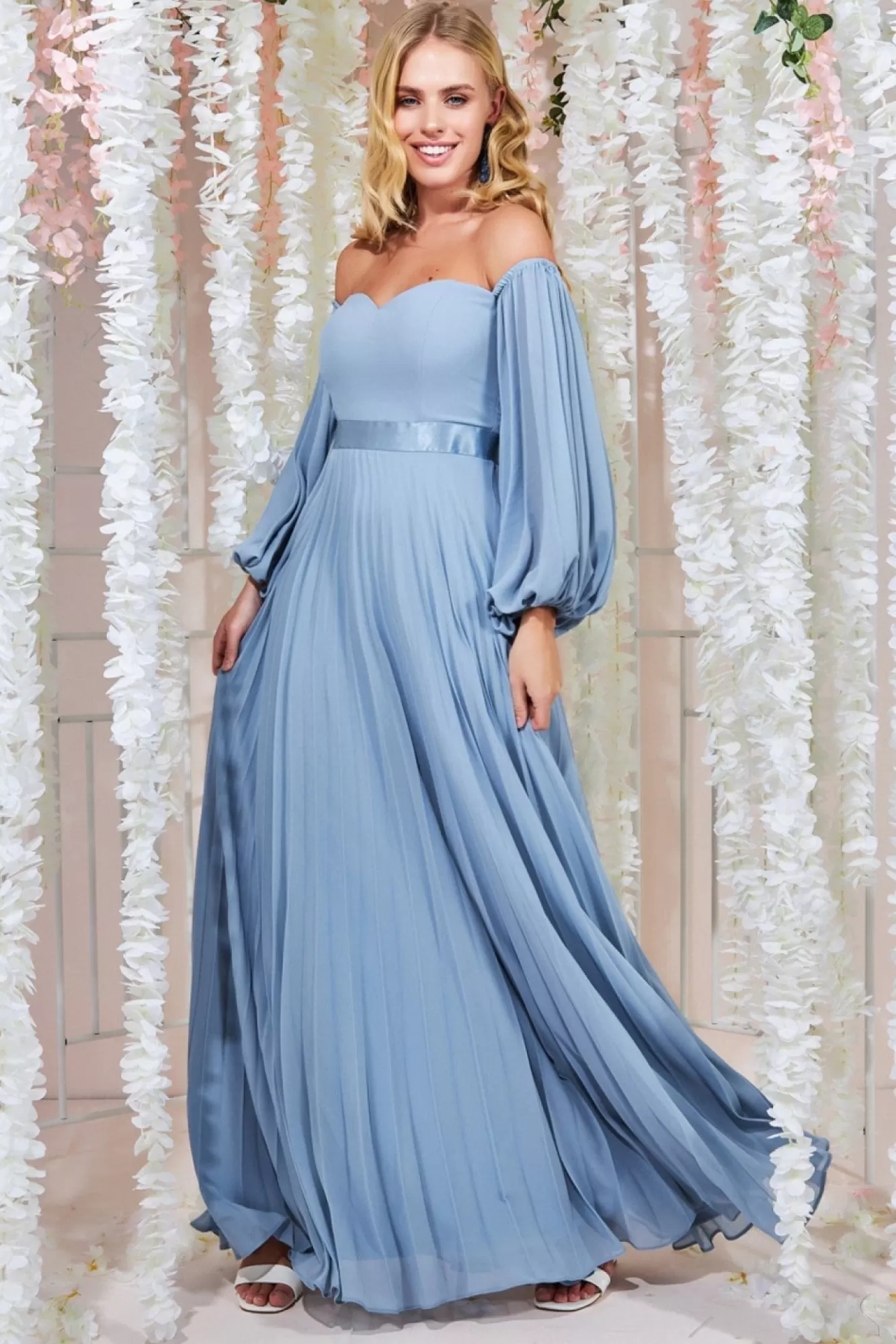 Maxi Dresses^* Bardot Chiffon Pleated Maxi Blue