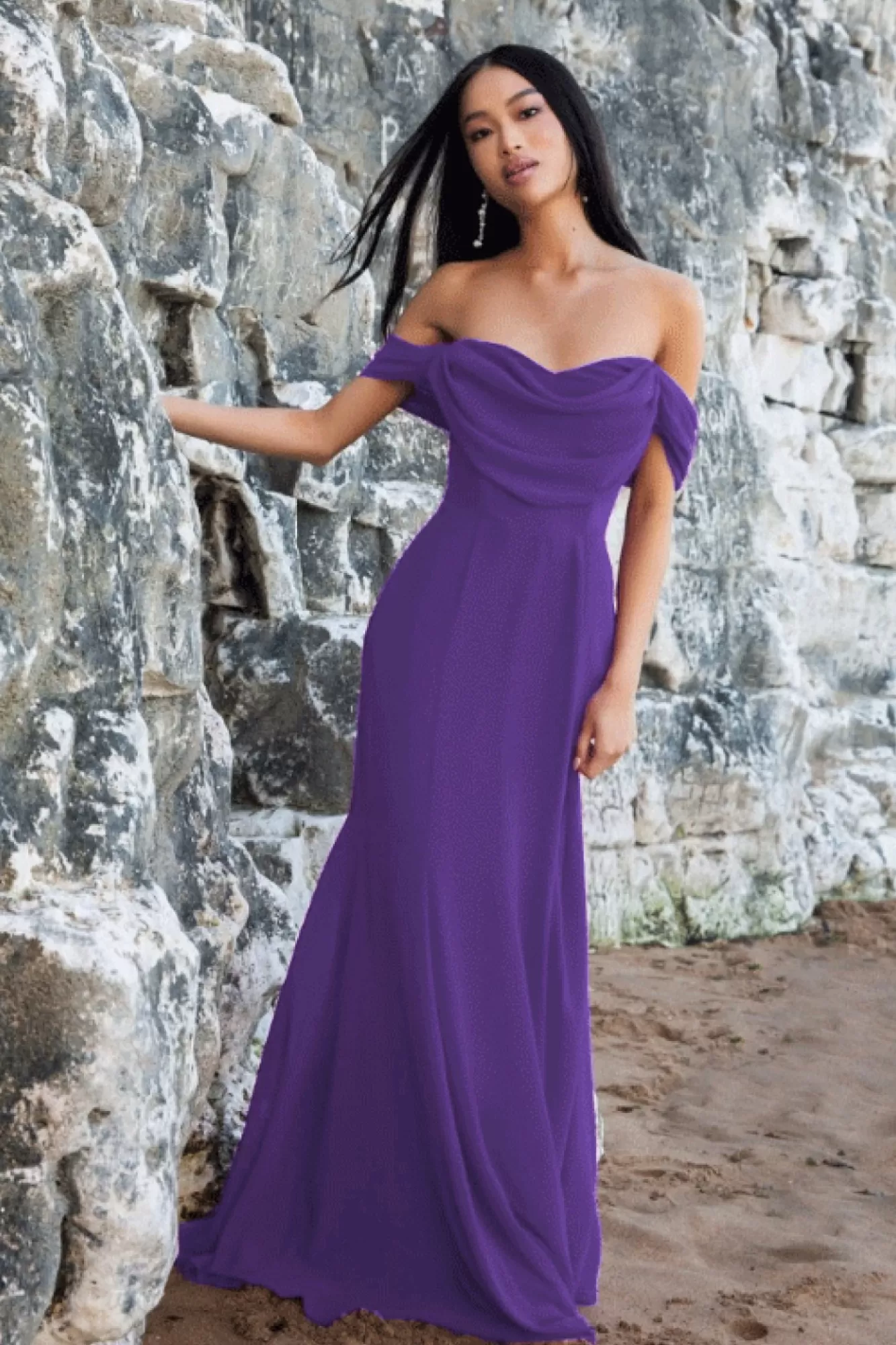 Maxi Dresses^* Chiffon Bardot Cowl Neck Maxi Dress Purple
