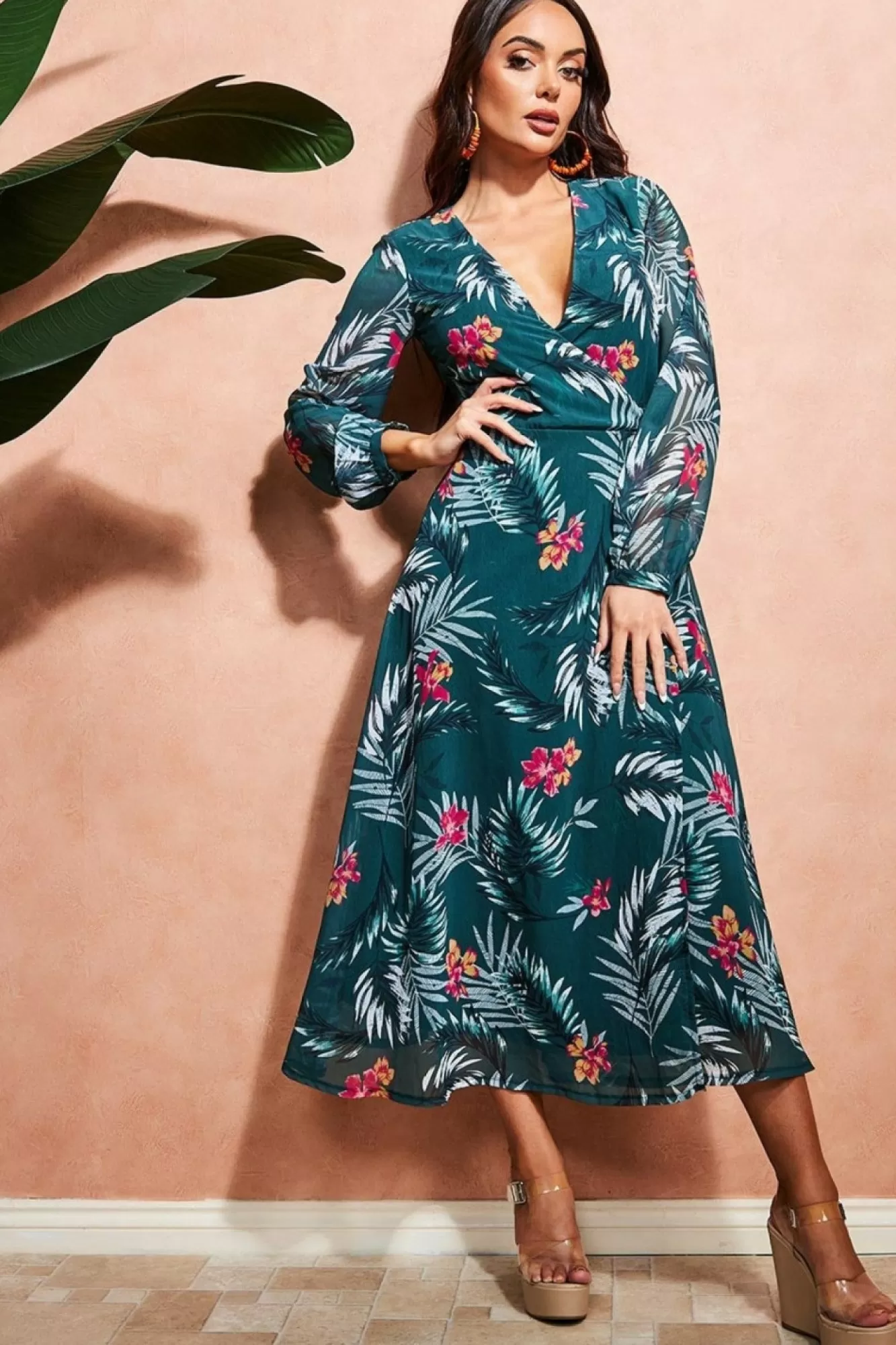 Midi Dresses^City Goddess Floral Print Wrap Midi Dress Green
