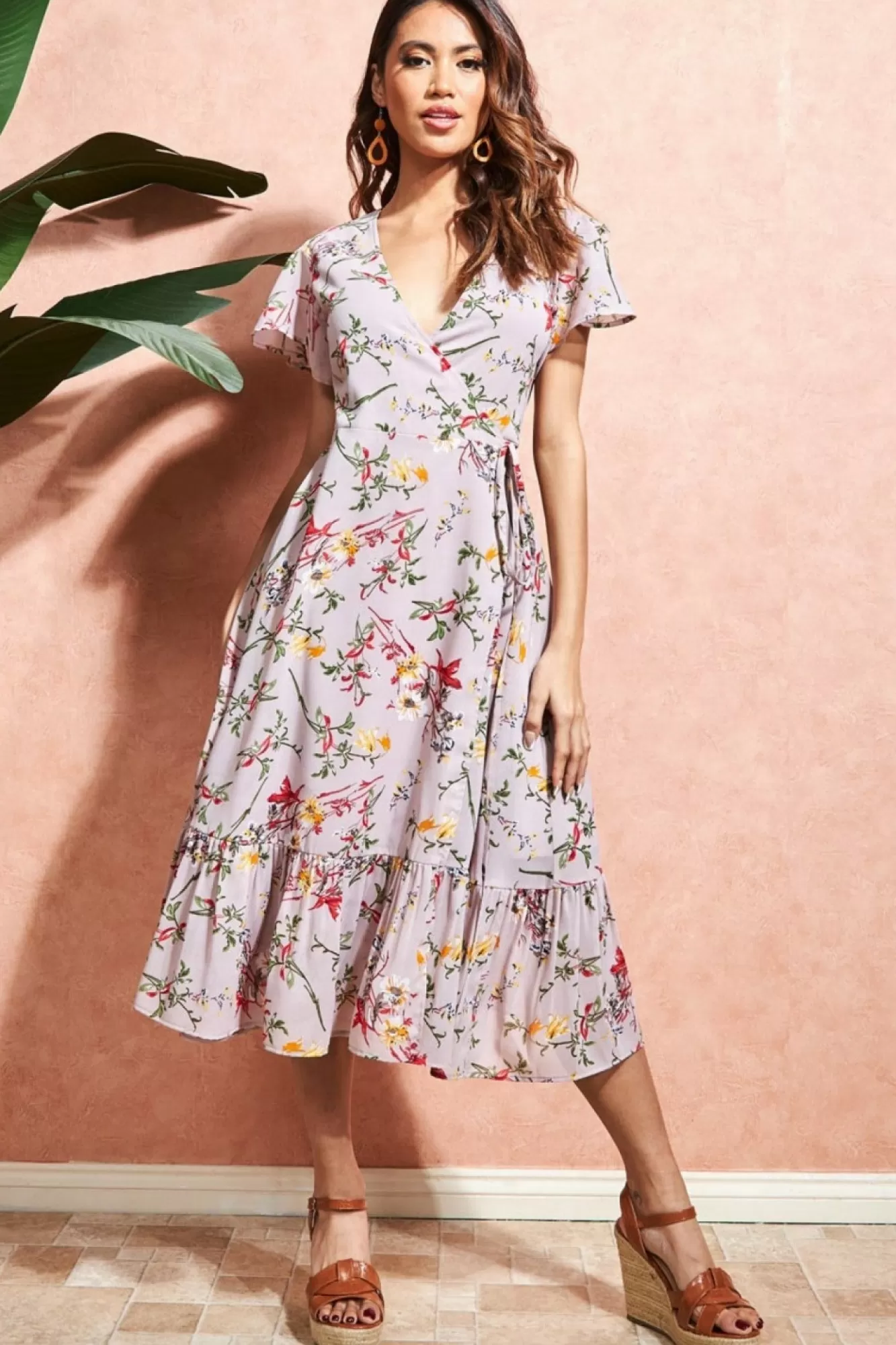 Midi Dresses^City Goddess Wrap Flutter Sleeve Floral Midi Dress Beige