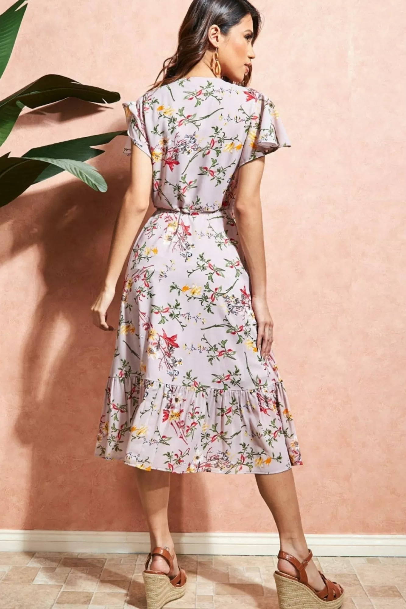 Midi Dresses^City Goddess Wrap Flutter Sleeve Floral Midi Dress Beige