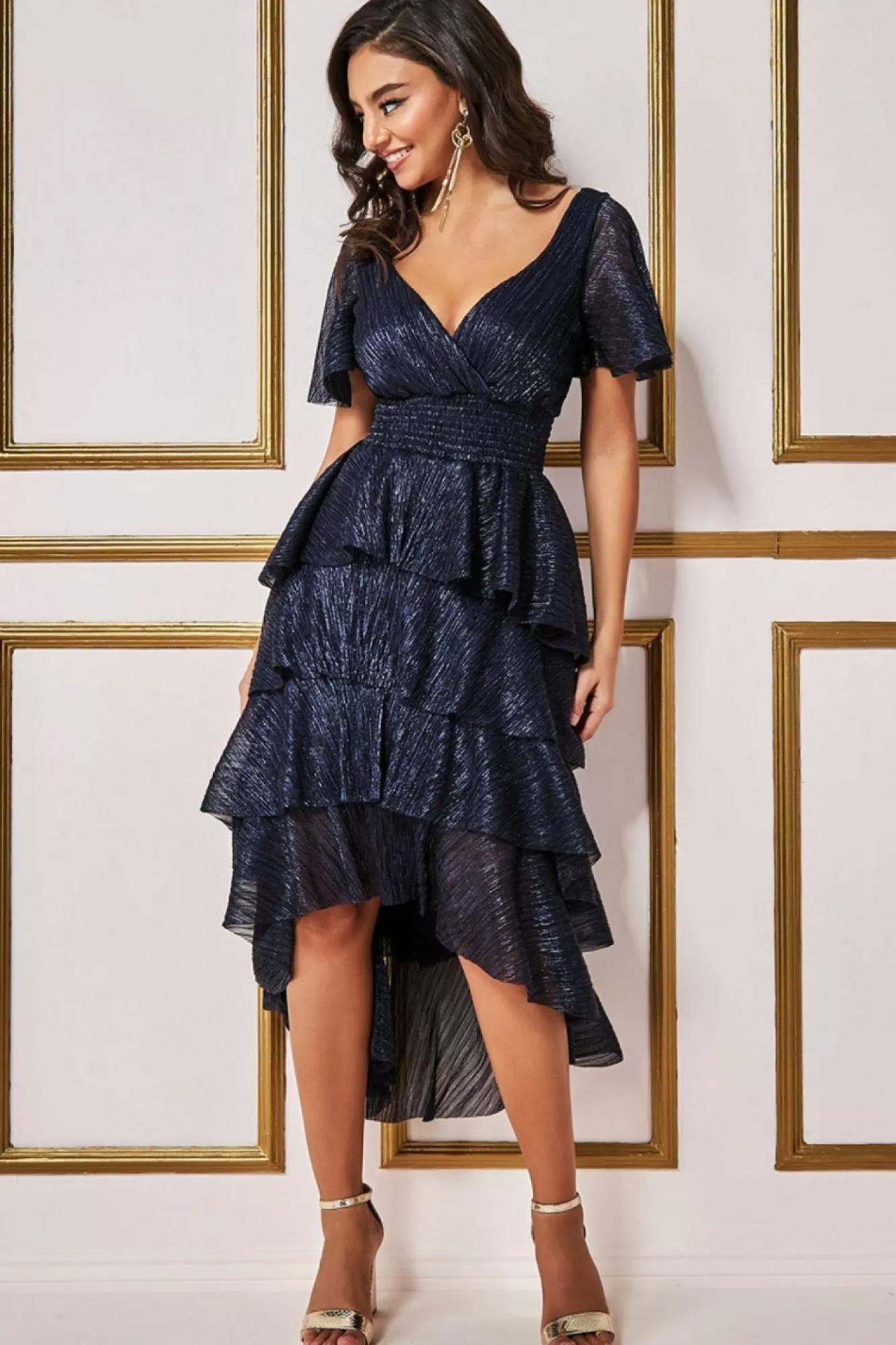 Midi Dresses^* Crinkle Lurex High Low Layered Midi Dress Navy