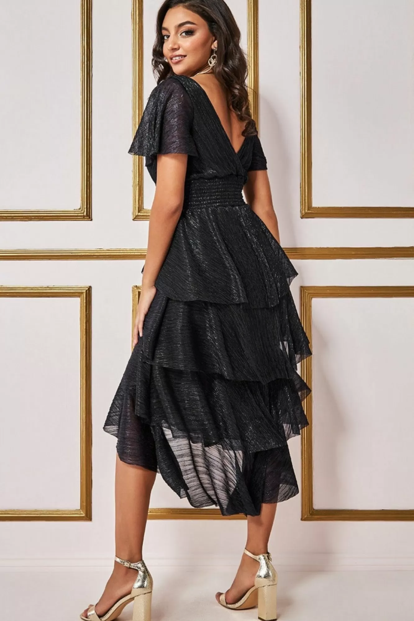 Midi Dresses^* Crinkle Lurex High Low Layered Midi Dress Black