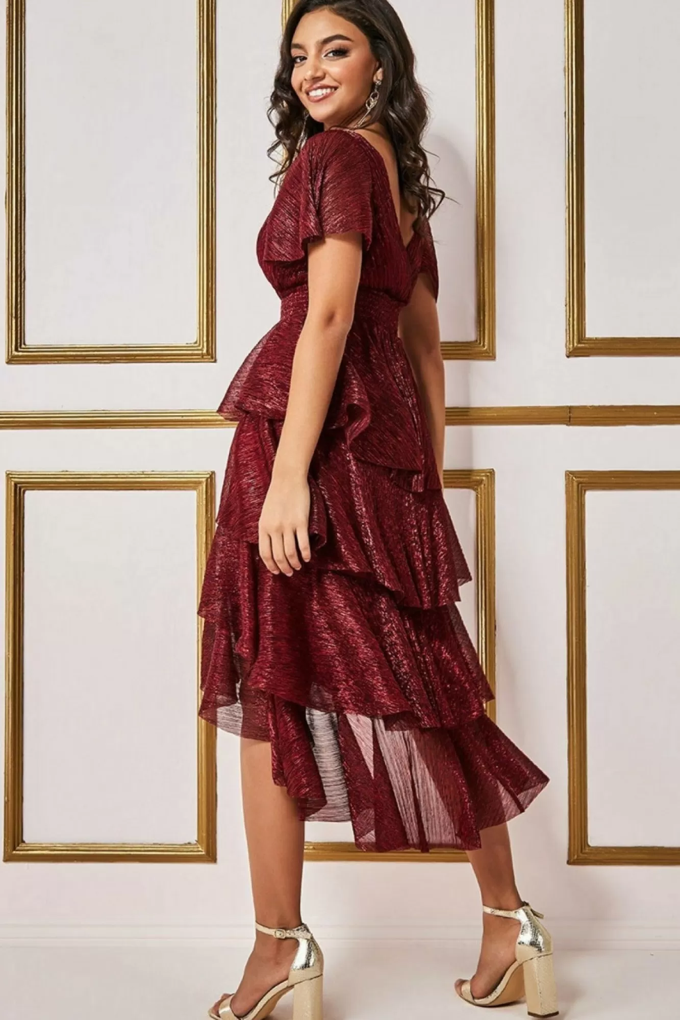 Midi Dresses^* Crinkle Lurex High Low Layered Midi Dress Wine