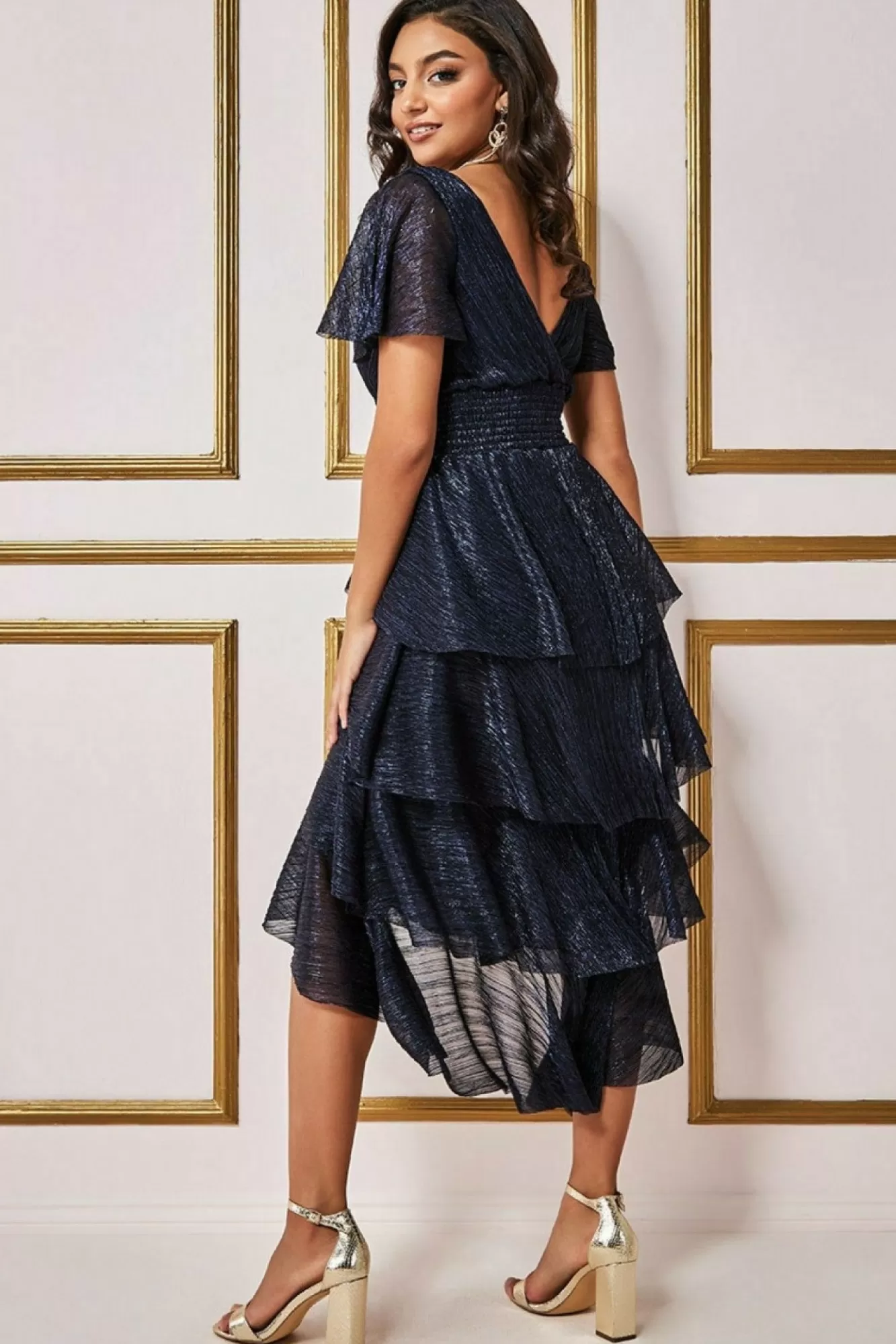 Midi Dresses^* Crinkle Lurex High Low Layered Midi Dress Navy