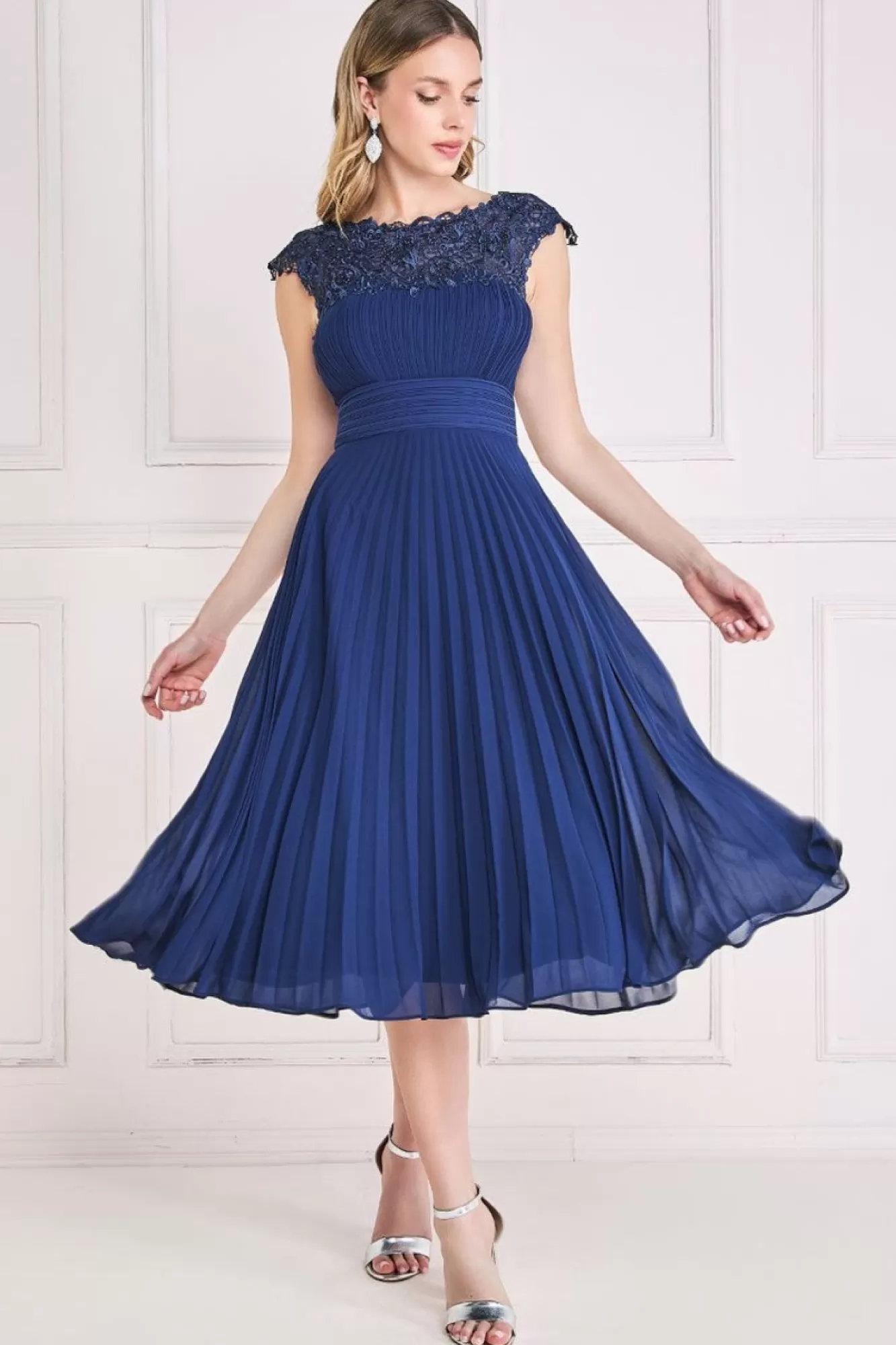 Midi Dresses^* Crochet & Pleated Top Midi Navy