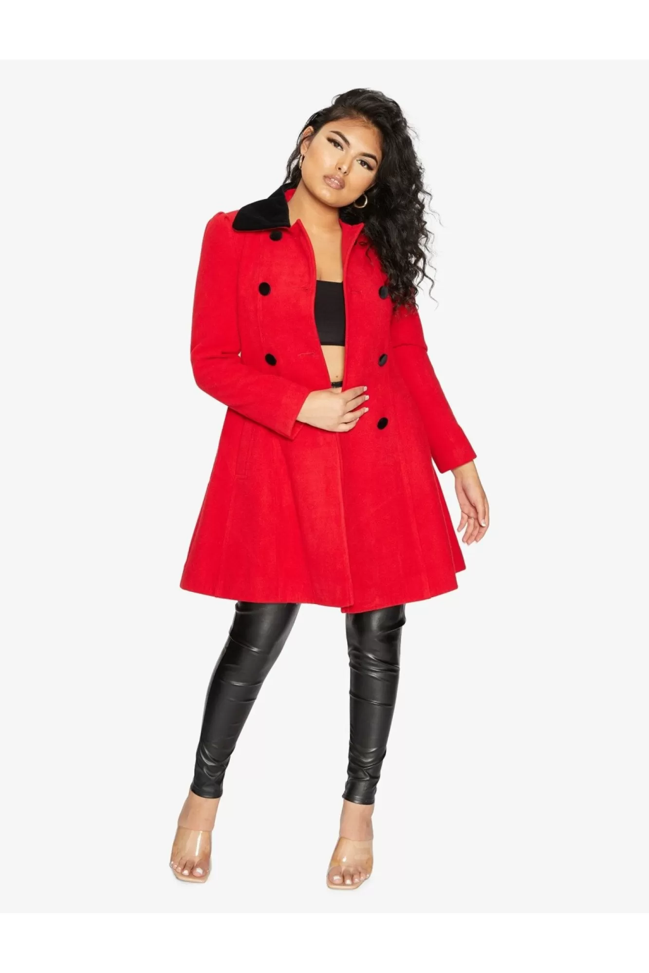 Outerwear^De La Creme Fashions Double Breast Velvet Trim Skater Coat