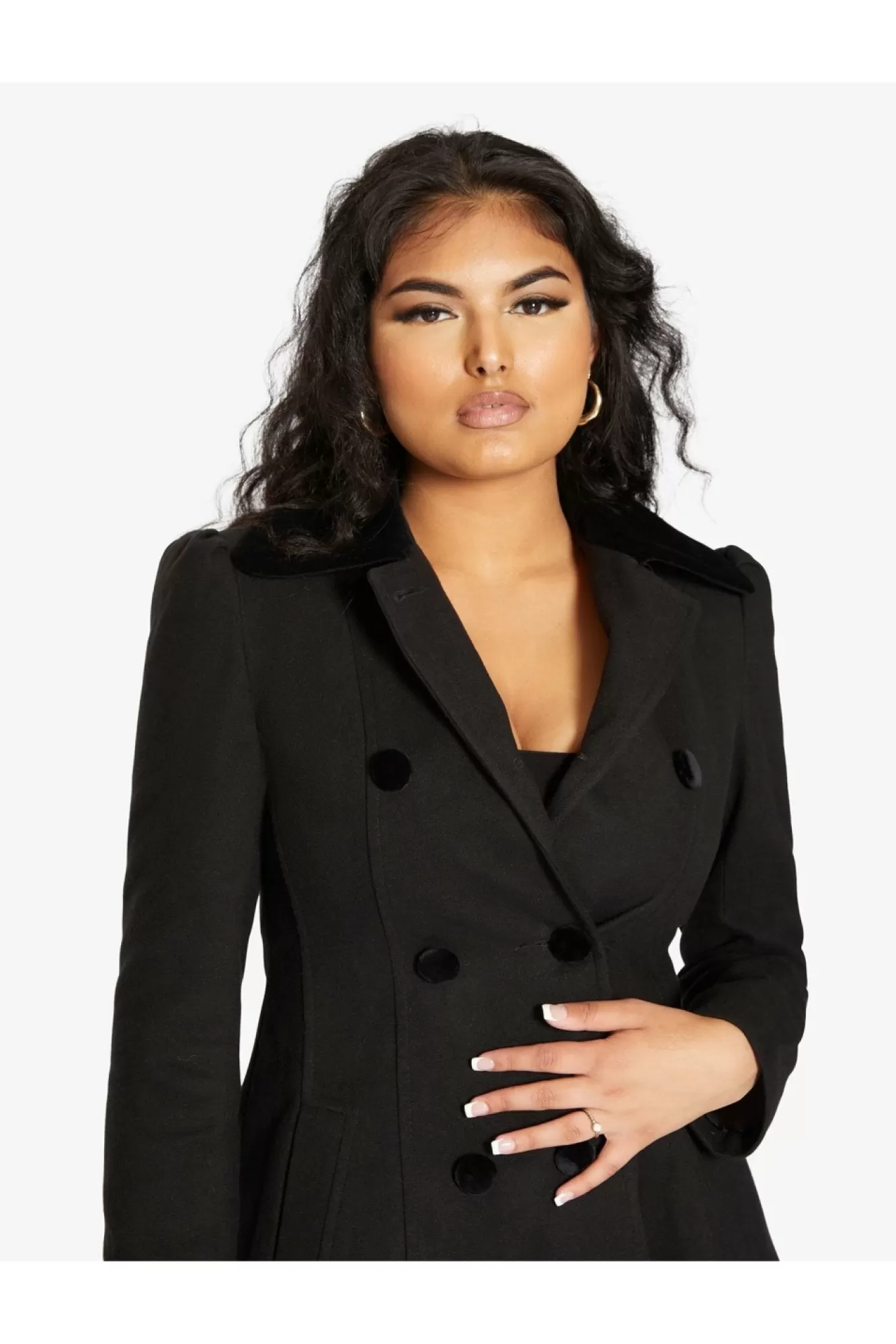 Outerwear^De La Creme Fashions Double Breast Velvet Trim Skater Coat
