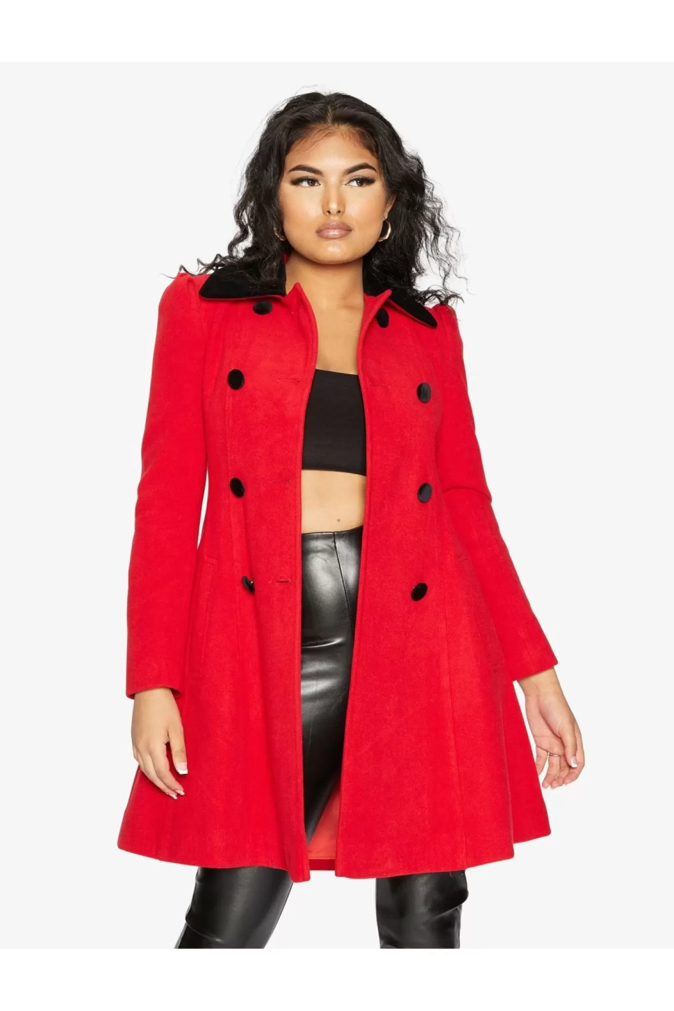 Outerwear^De La Creme Fashions Double Breast Velvet Trim Skater Coat