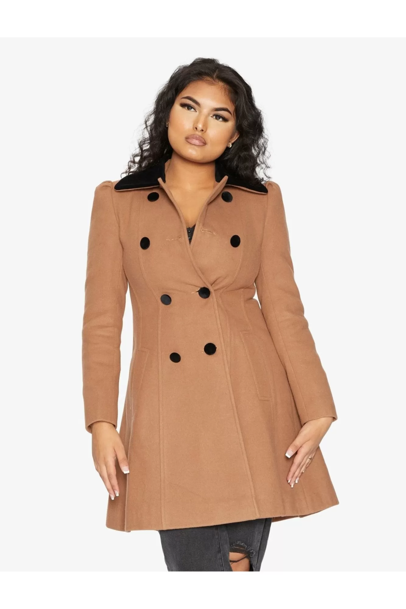 Outerwear^De La Creme Fashions Double Breast Velvet Trim Skater Coat