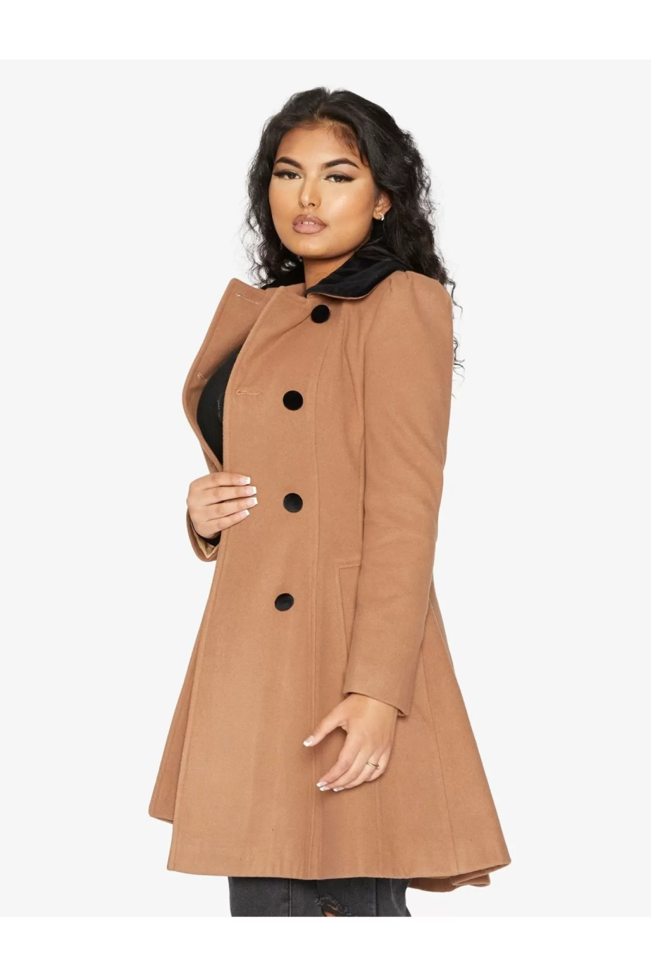 Outerwear^De La Creme Fashions Double Breast Velvet Trim Skater Coat