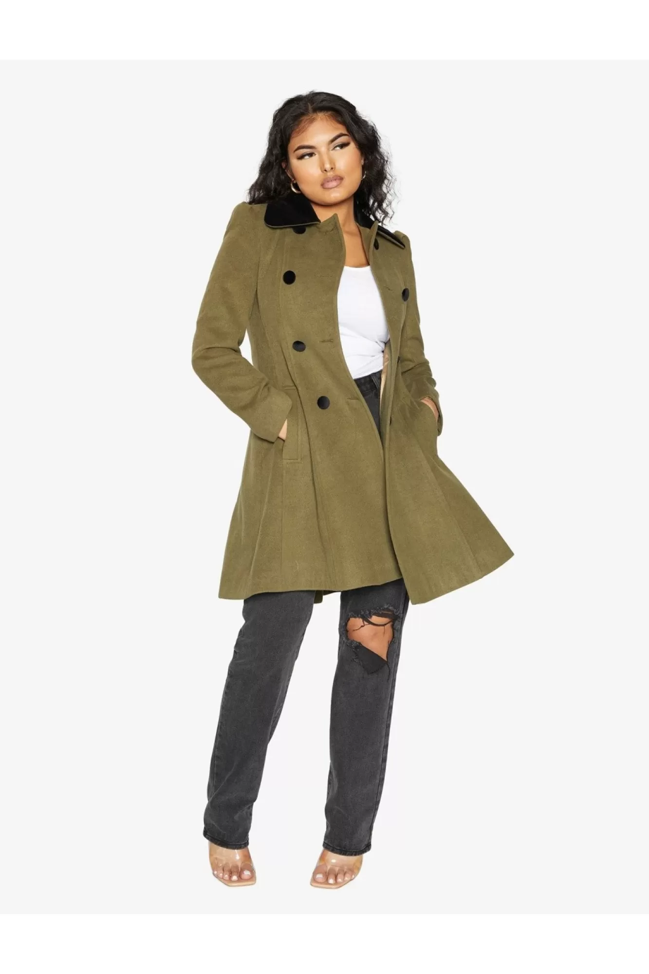 Outerwear^De La Creme Fashions Double Breast Velvet Trim Skater Coat