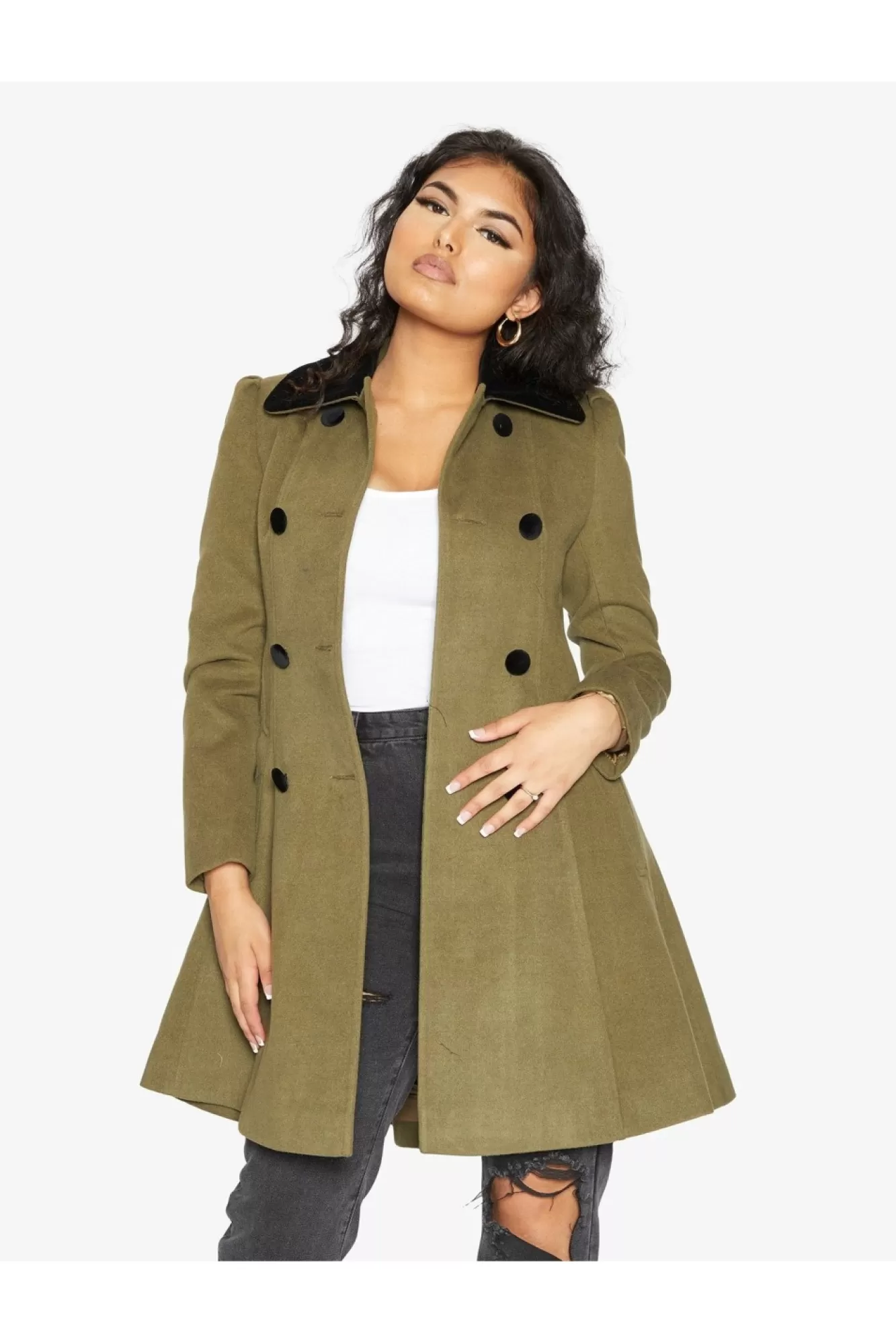 Outerwear^De La Creme Fashions Double Breast Velvet Trim Skater Coat
