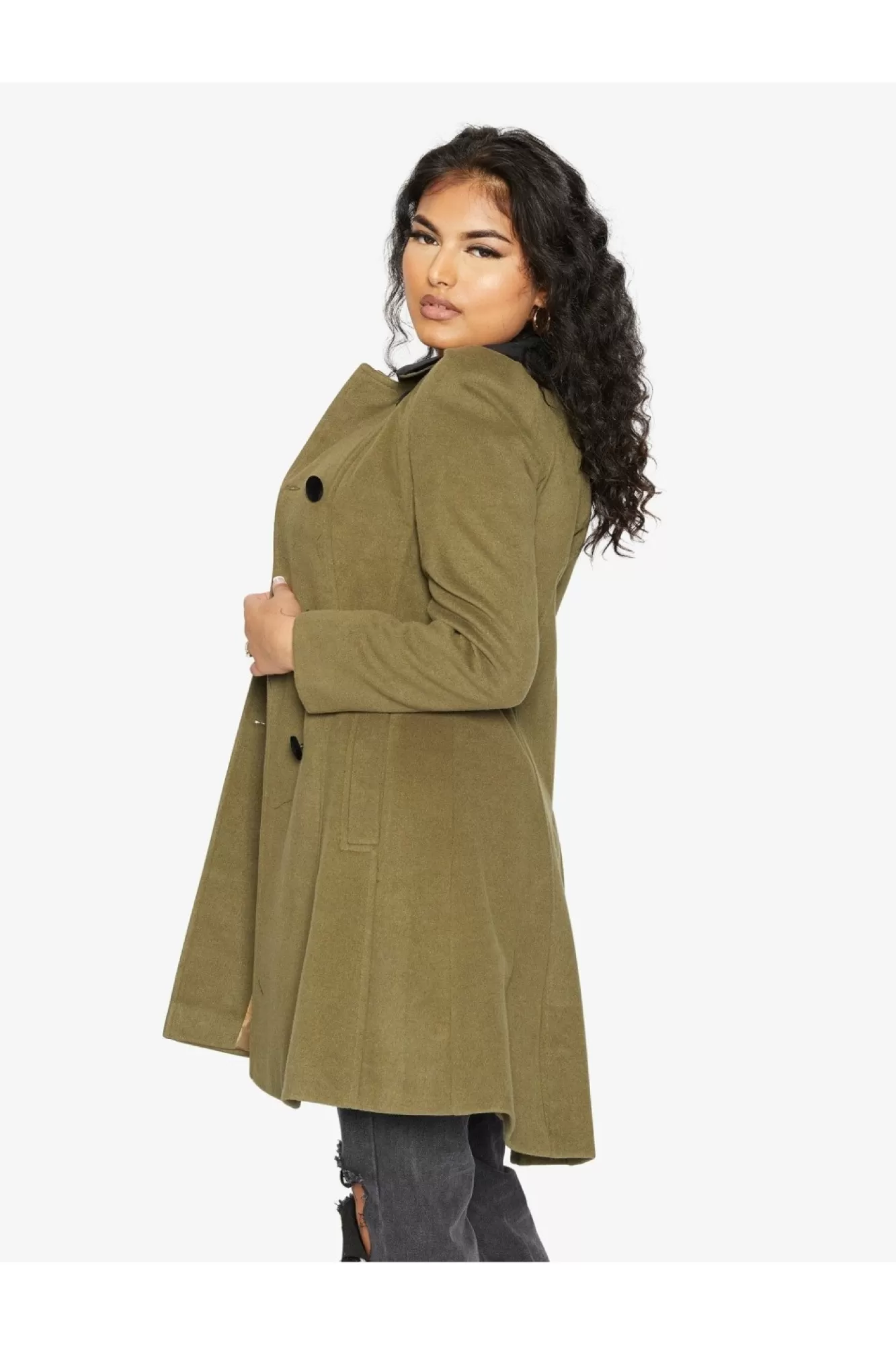 Outerwear^De La Creme Fashions Double Breast Velvet Trim Skater Coat