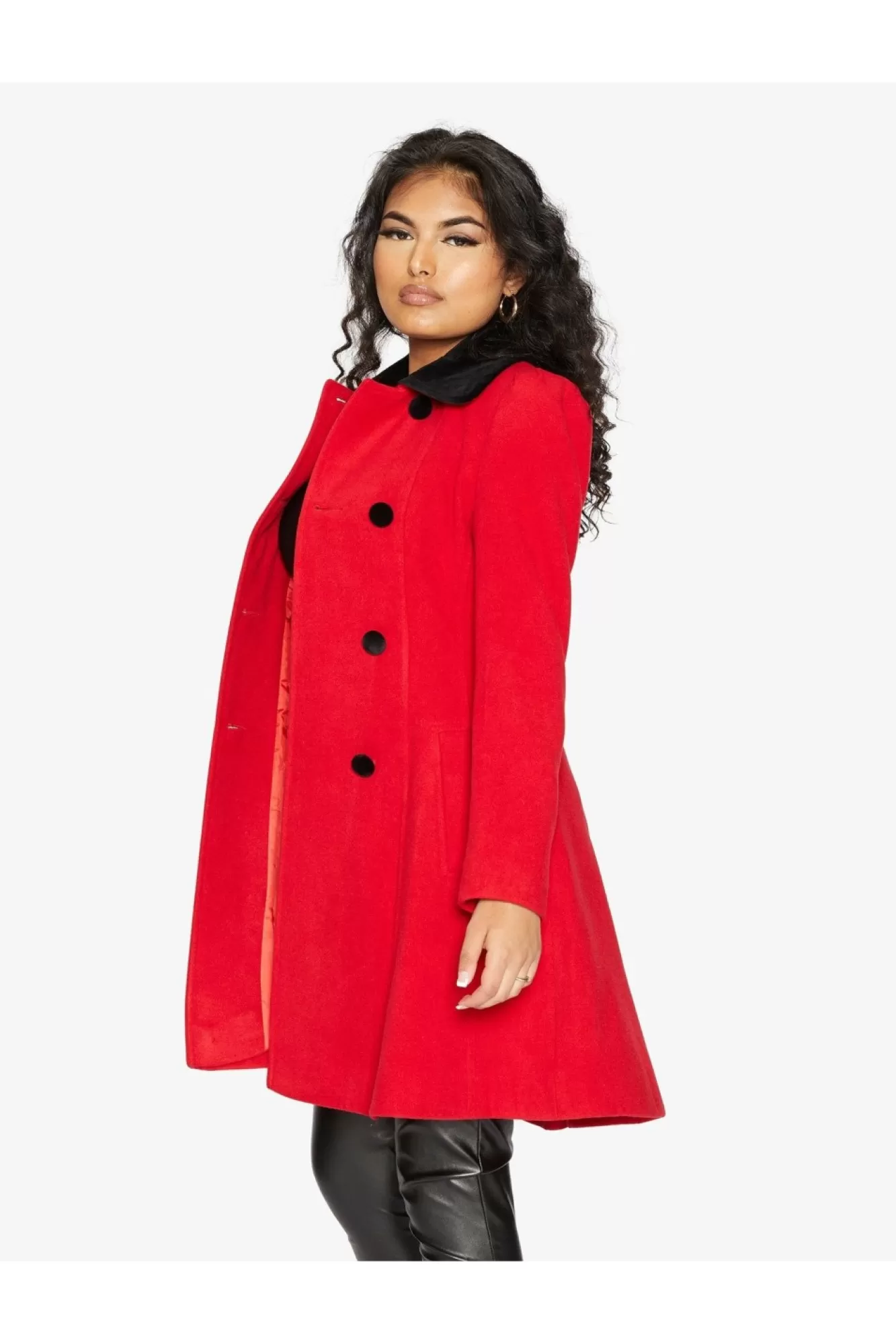 Outerwear^De La Creme Fashions Double Breast Velvet Trim Skater Coat