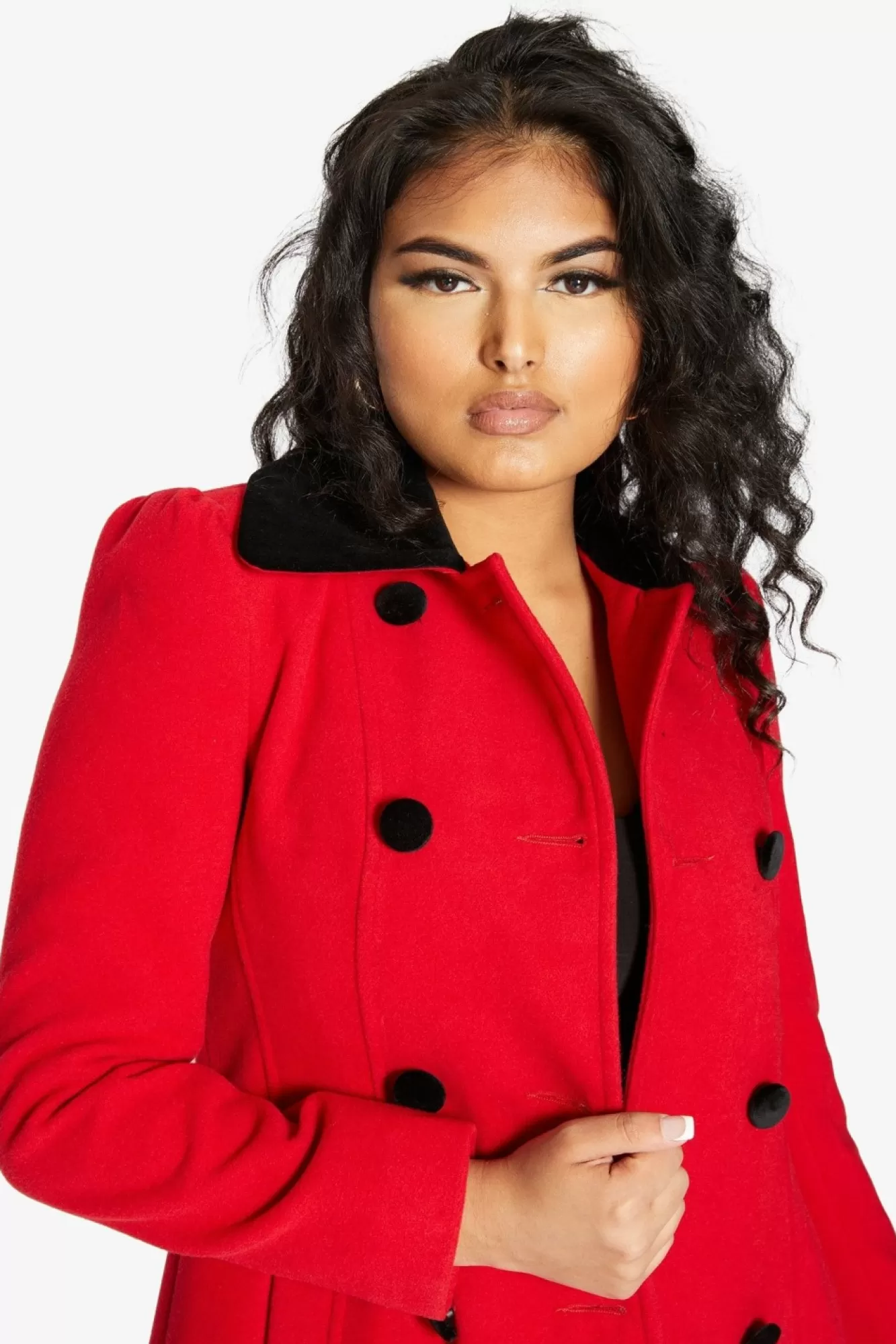 Outerwear^De La Creme Fashions Double Breast Velvet Trim Skater Coat
