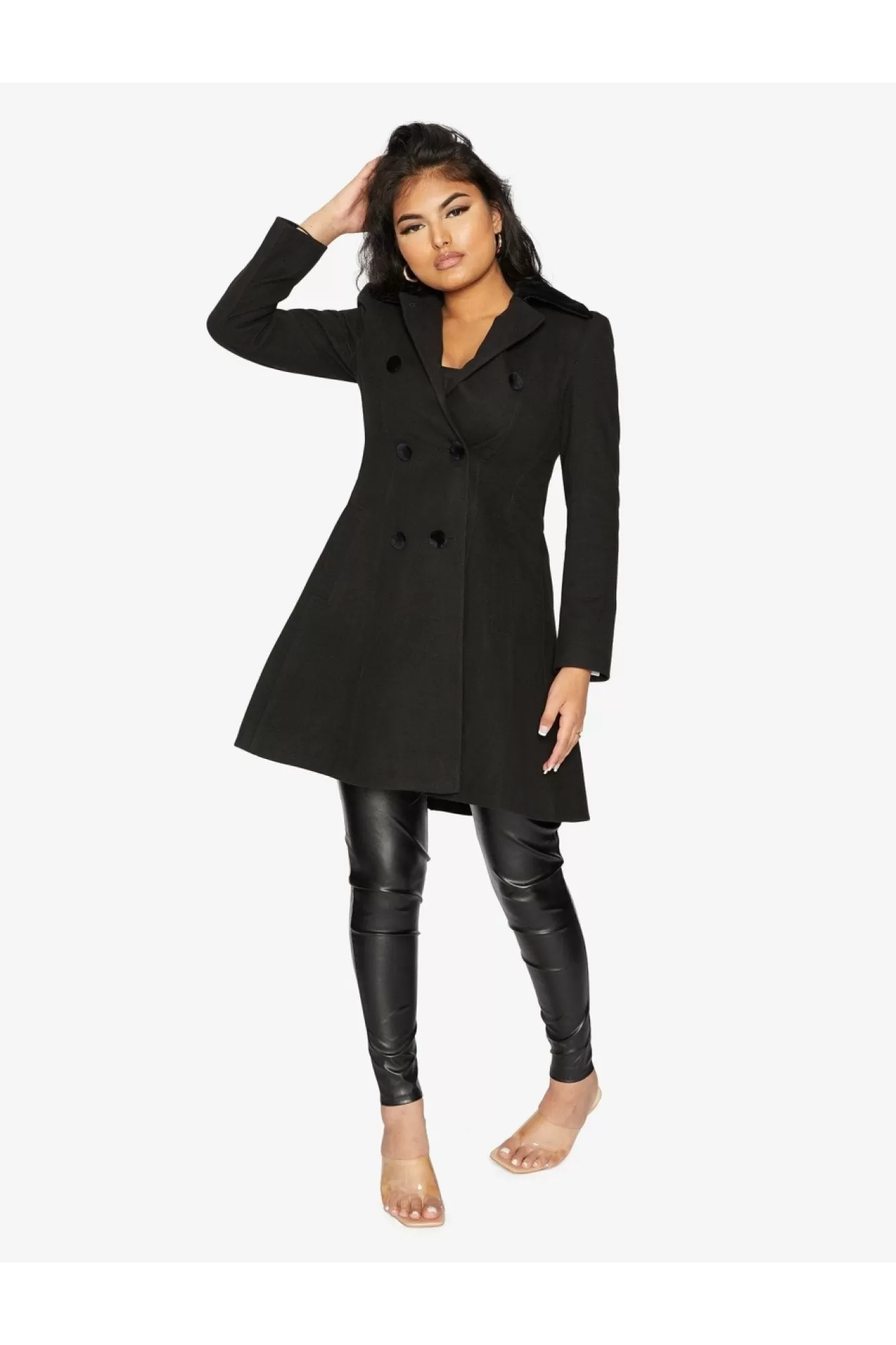 Outerwear^De La Creme Fashions Double Breast Velvet Trim Skater Coat