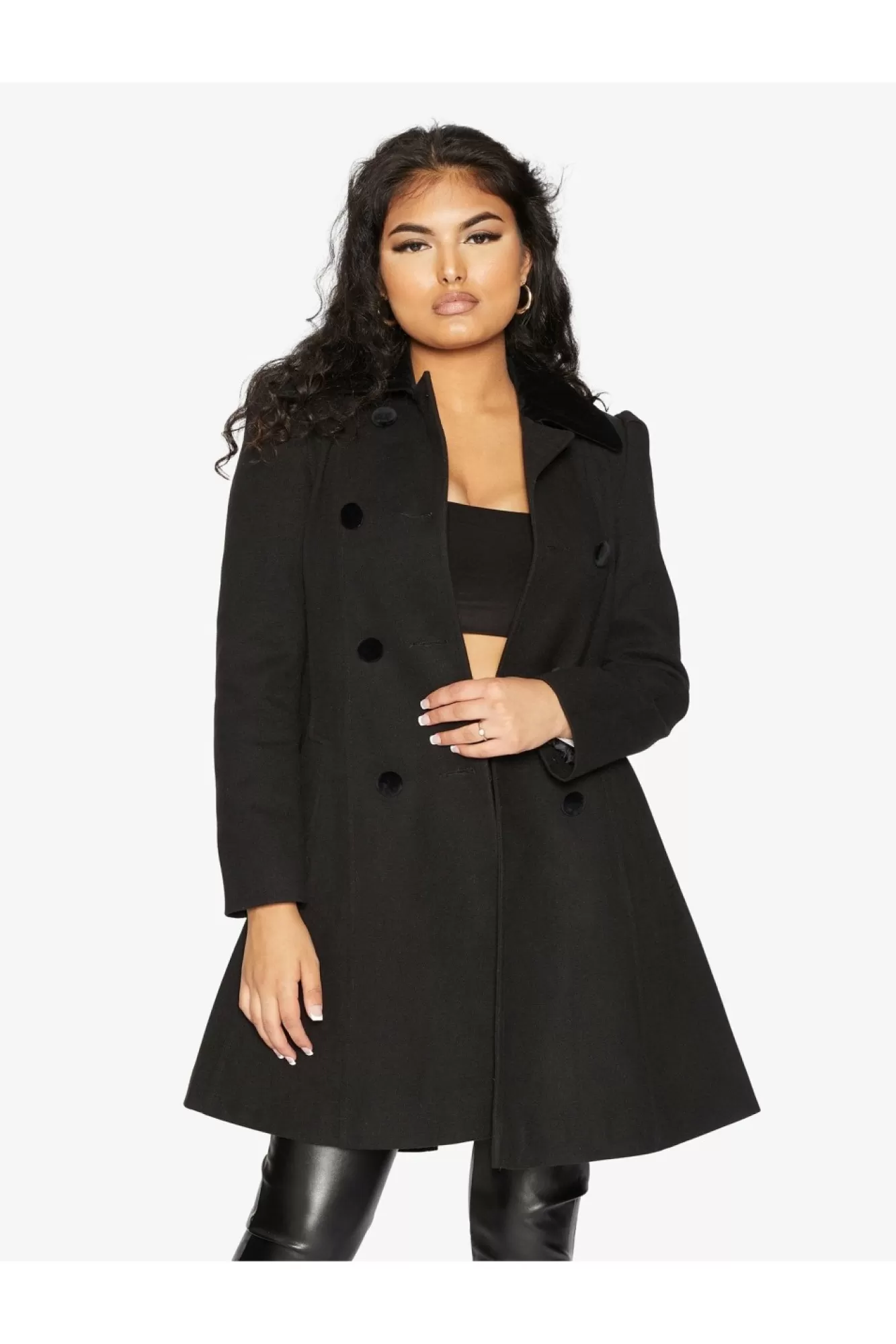 Outerwear^De La Creme Fashions Double Breast Velvet Trim Skater Coat