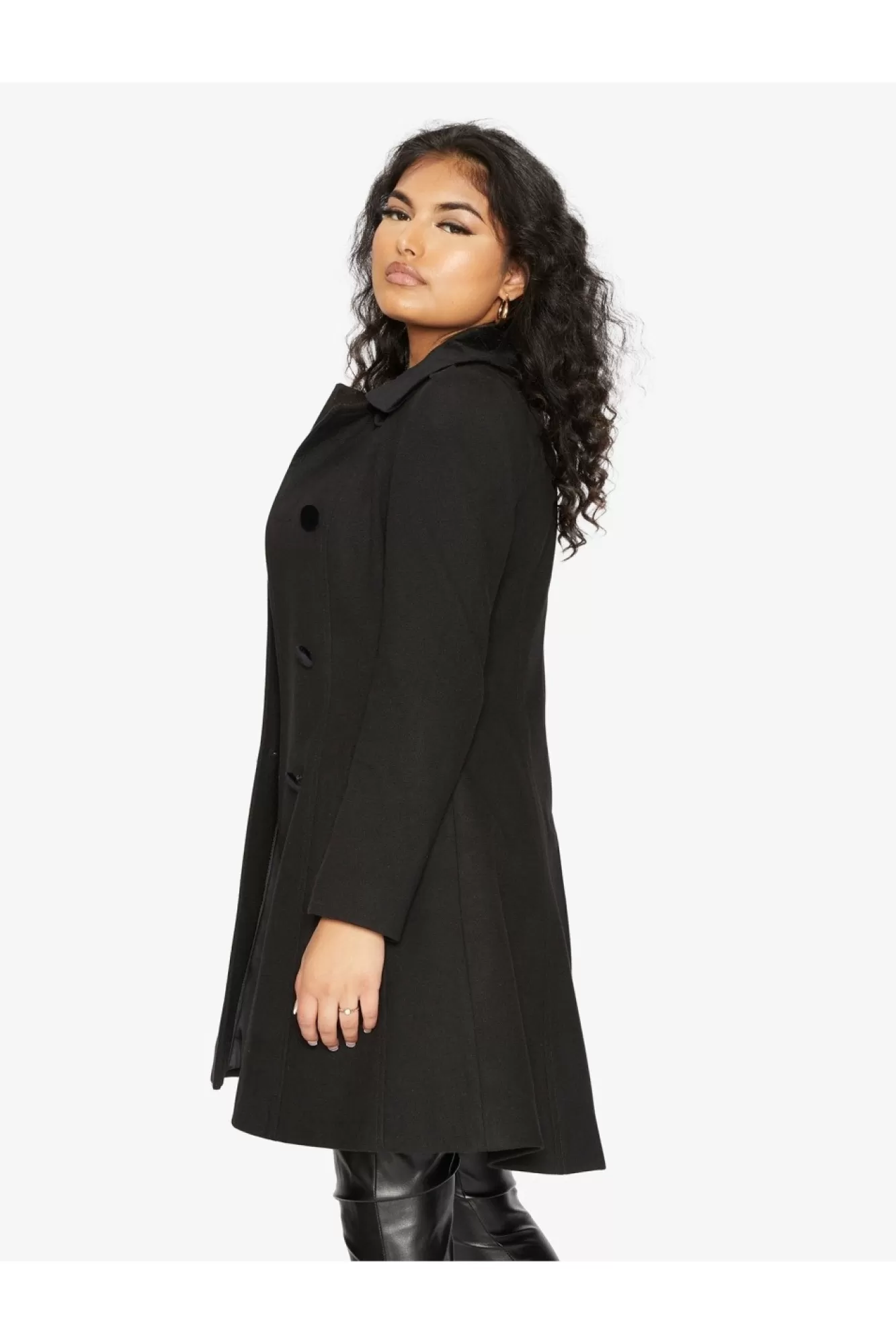 Outerwear^De La Creme Fashions Double Breast Velvet Trim Skater Coat