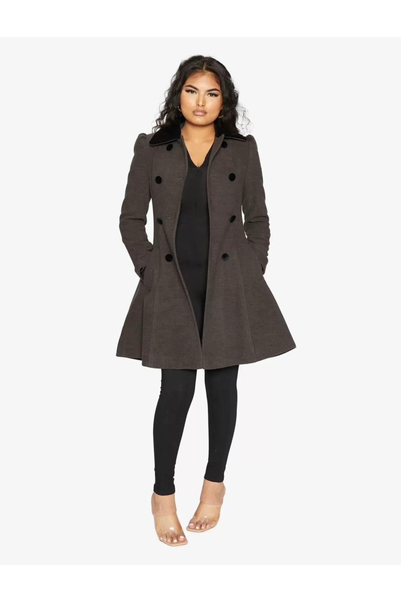 Outerwear^De La Creme Fashions Double Breast Velvet Trim Skater Coat