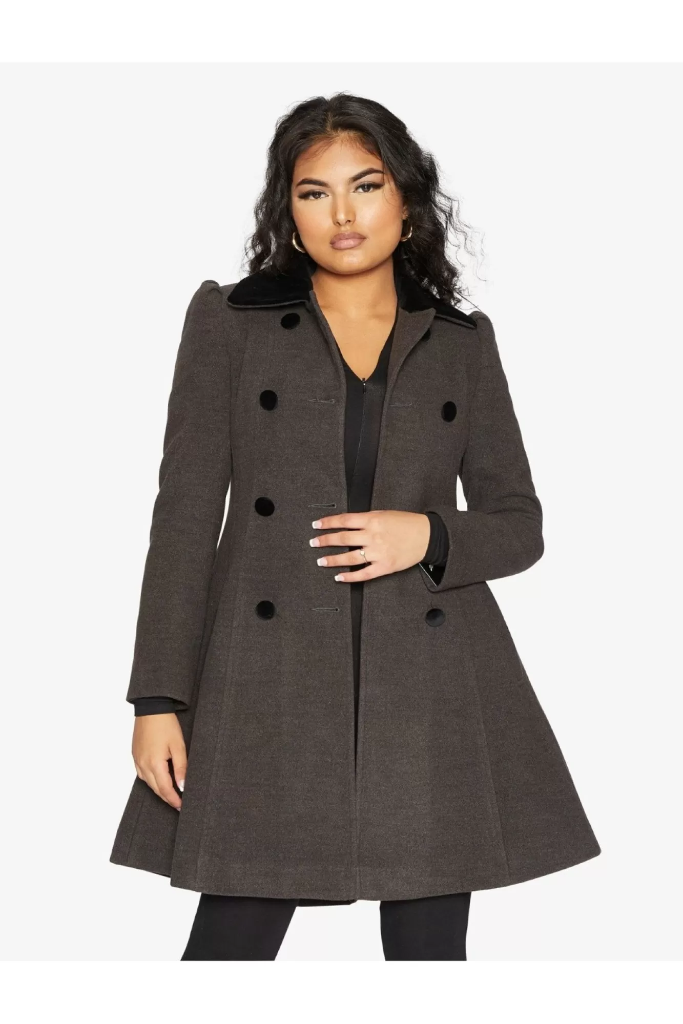 Outerwear^De La Creme Fashions Double Breast Velvet Trim Skater Coat