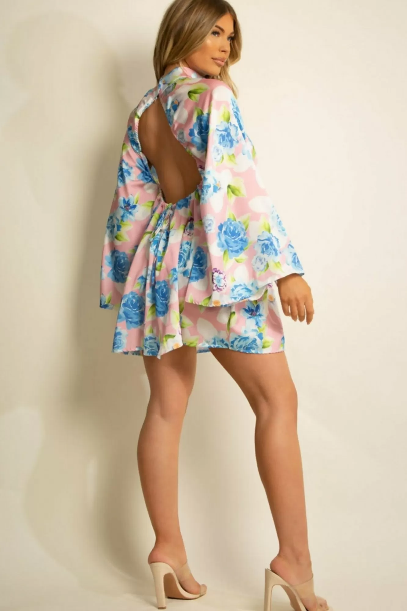Mini Dresses^De La Creme Fashions Floral Satin Open Back Skater Dress Pink