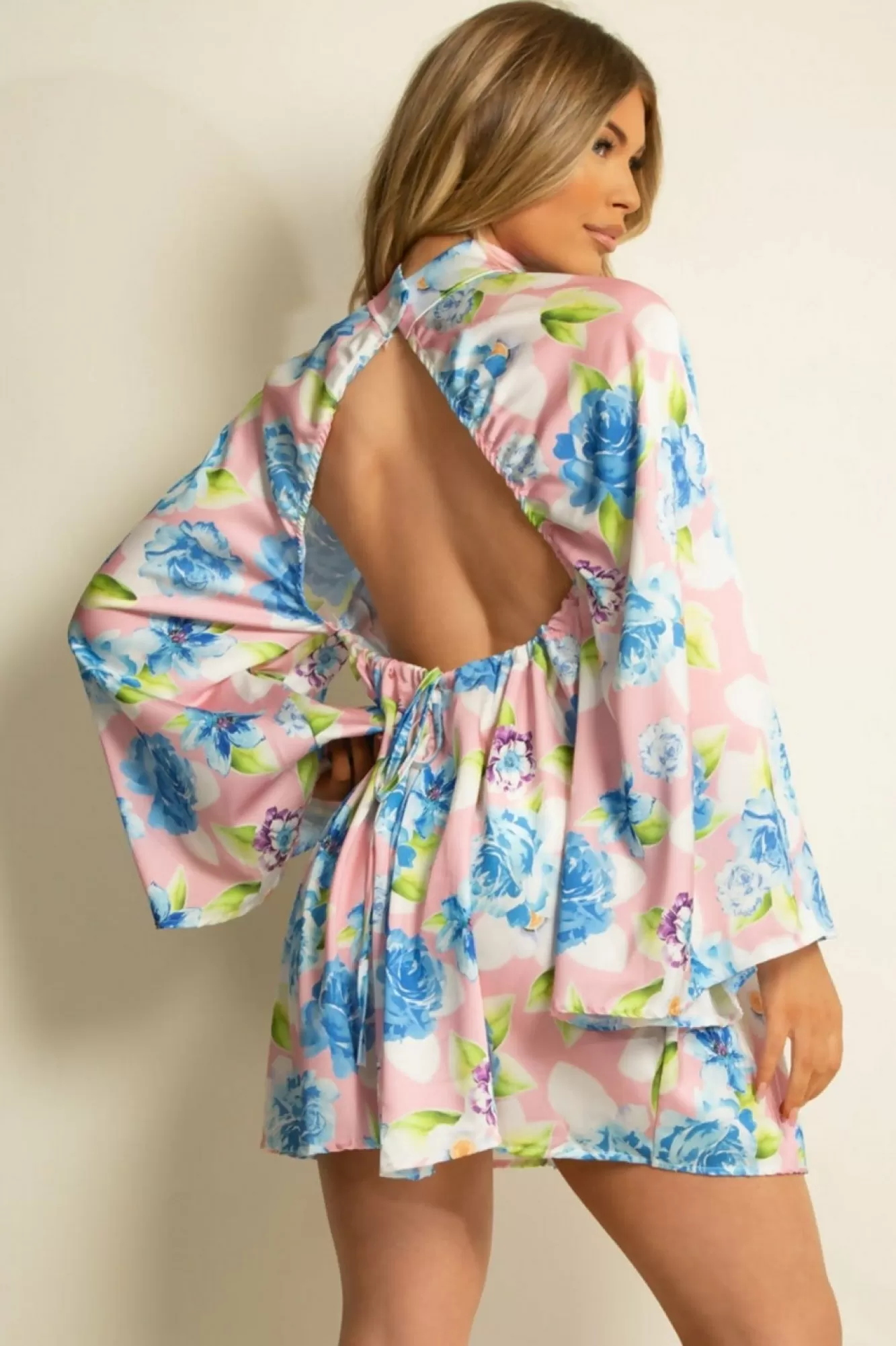 Mini Dresses^De La Creme Fashions Floral Satin Open Back Skater Dress Pink