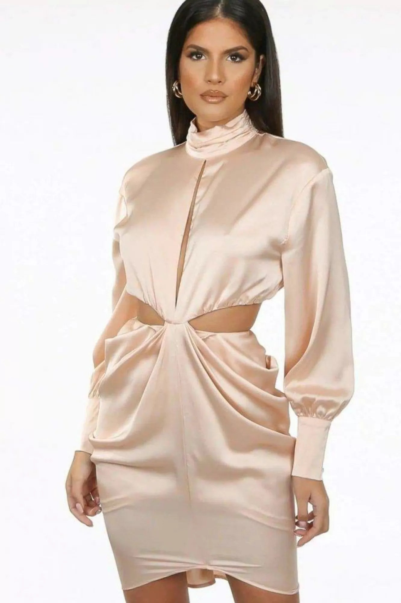 Mini Dresses^De La Creme Fashions Pleated High Neck Cut Out Mini Dress