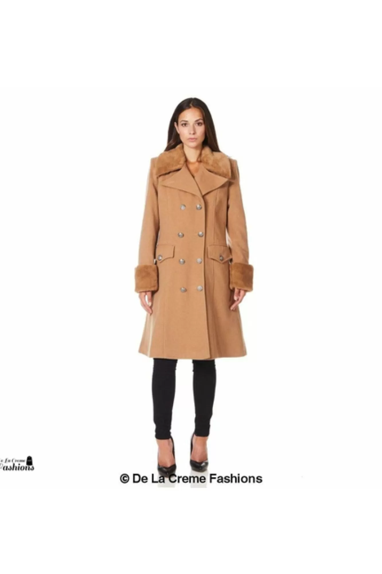 Outerwear^De La Creme Fashions Wool Blend Faux Fur Trim Midi Coat