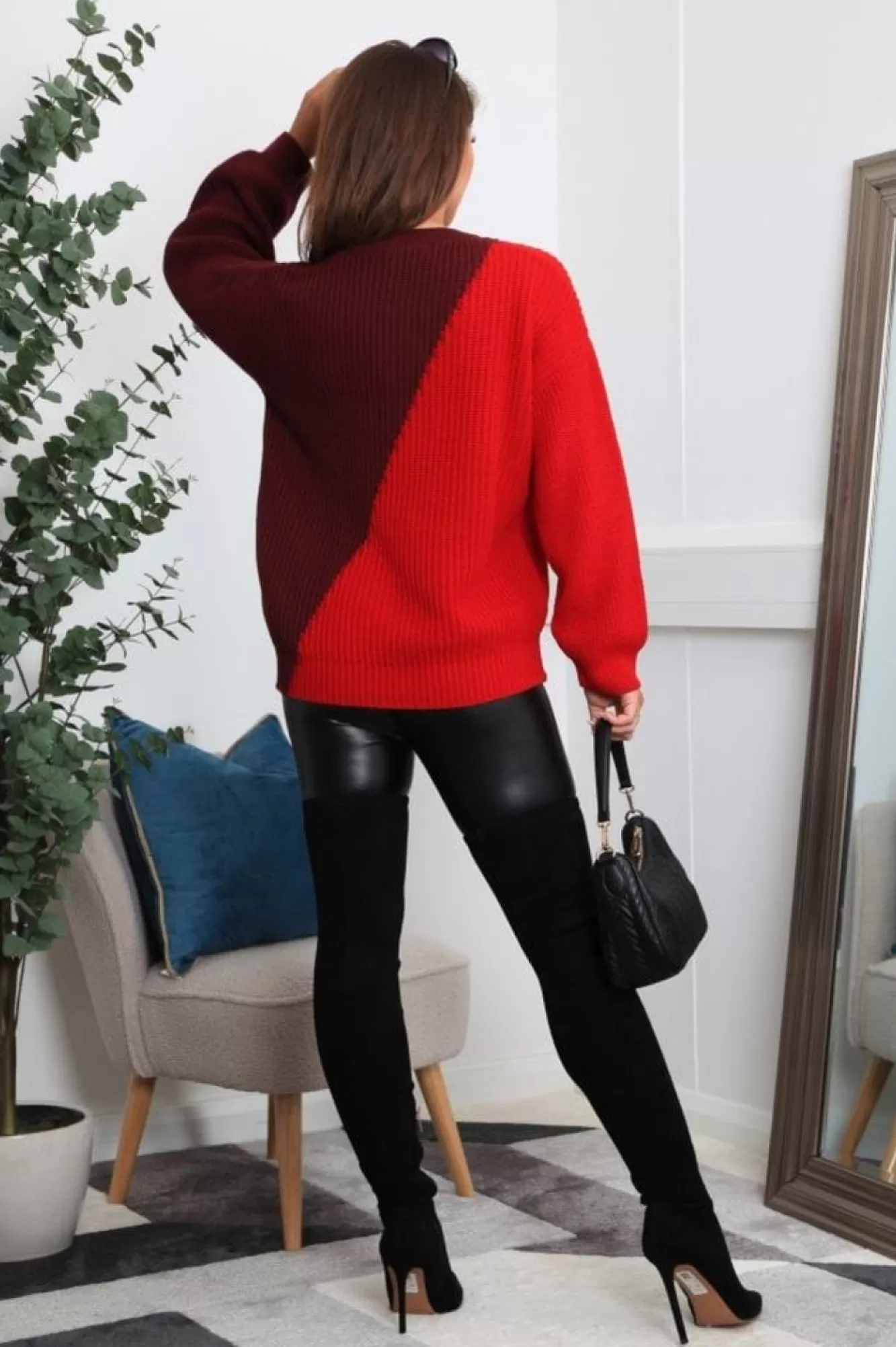 Knitwear^Double Second And Burgundy Diagonal Contrast Colour Block Oversized Knit Jumper Red