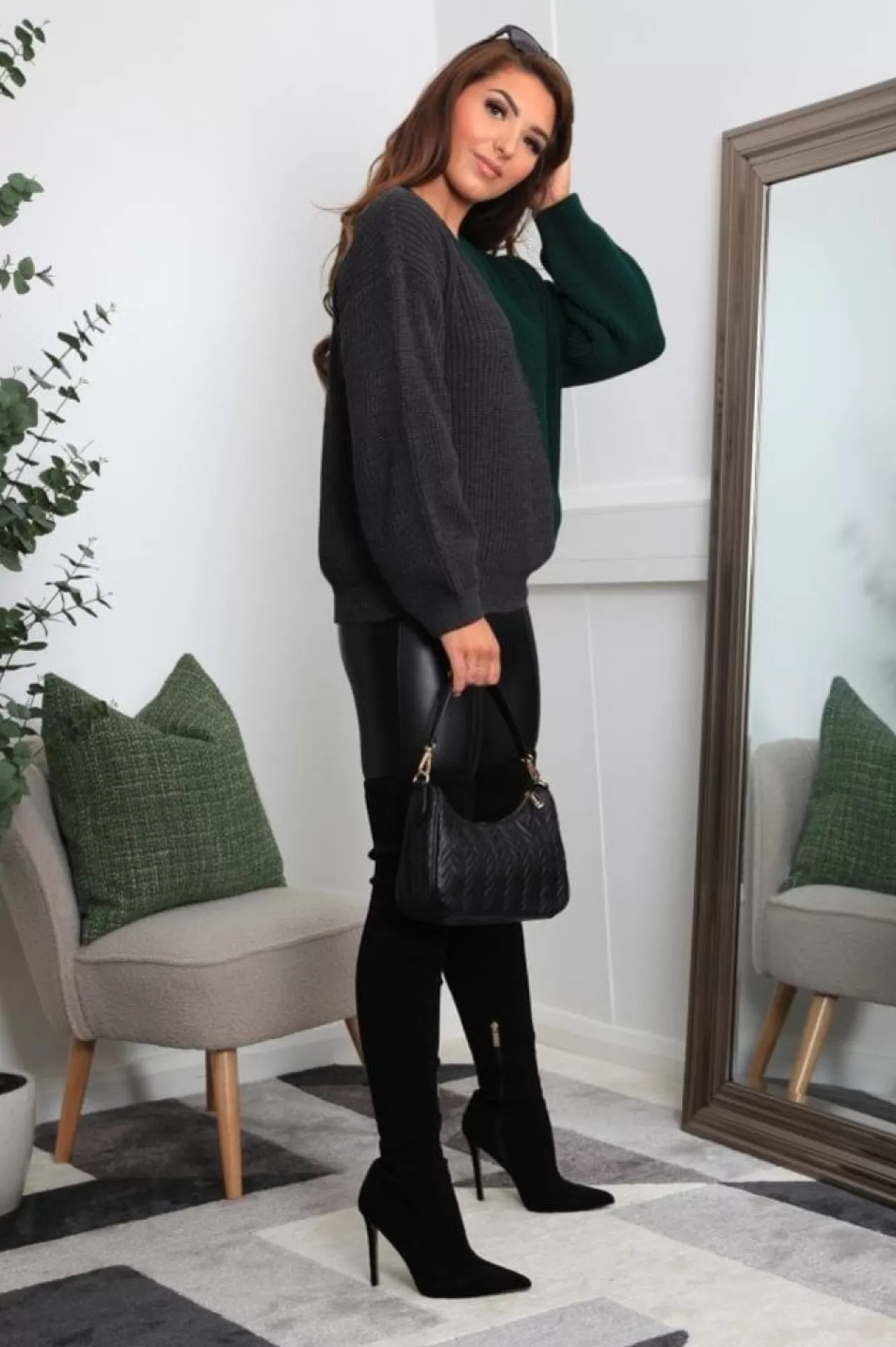 Knitwear^Double Second And Grey Diagonal Contrast Colour Block Oversized Knit Jumper Green