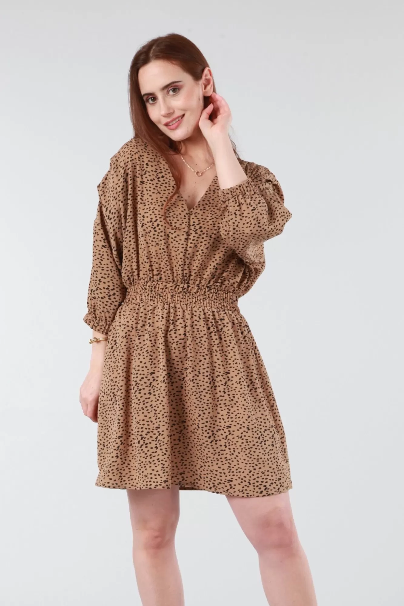 Mini Dresses^Double Second Animal Print Relaxed Shoulder Dress Camel