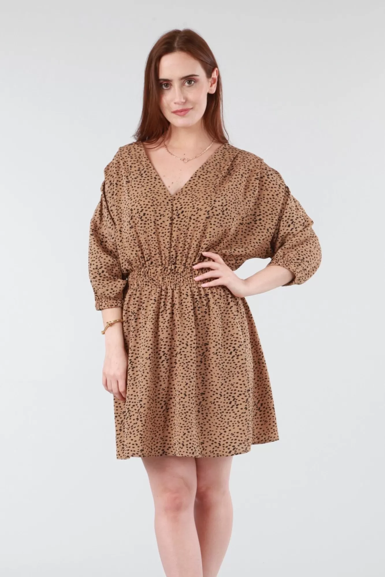 Mini Dresses^Double Second Animal Print Relaxed Shoulder Dress Camel