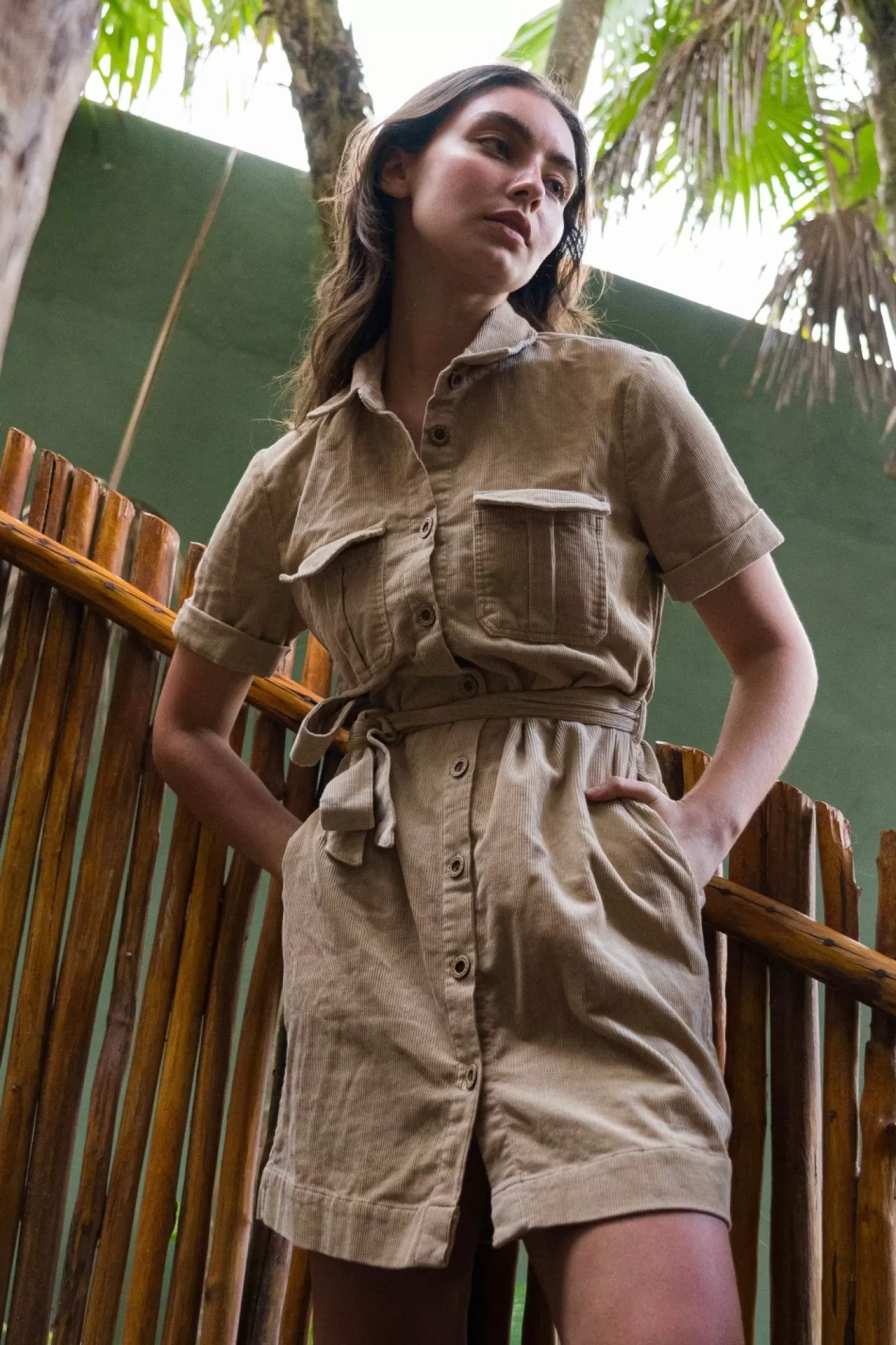 Mini Dresses^Double Second Corduroy Belted Shirt Dress Beige