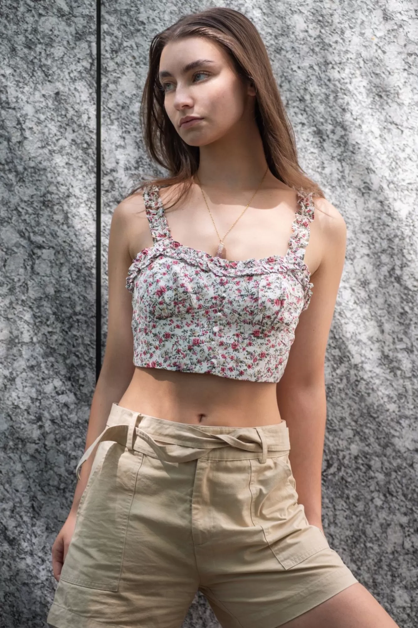 Crop Tops^Double Second Floral Print Crop Top With Frill Straps White