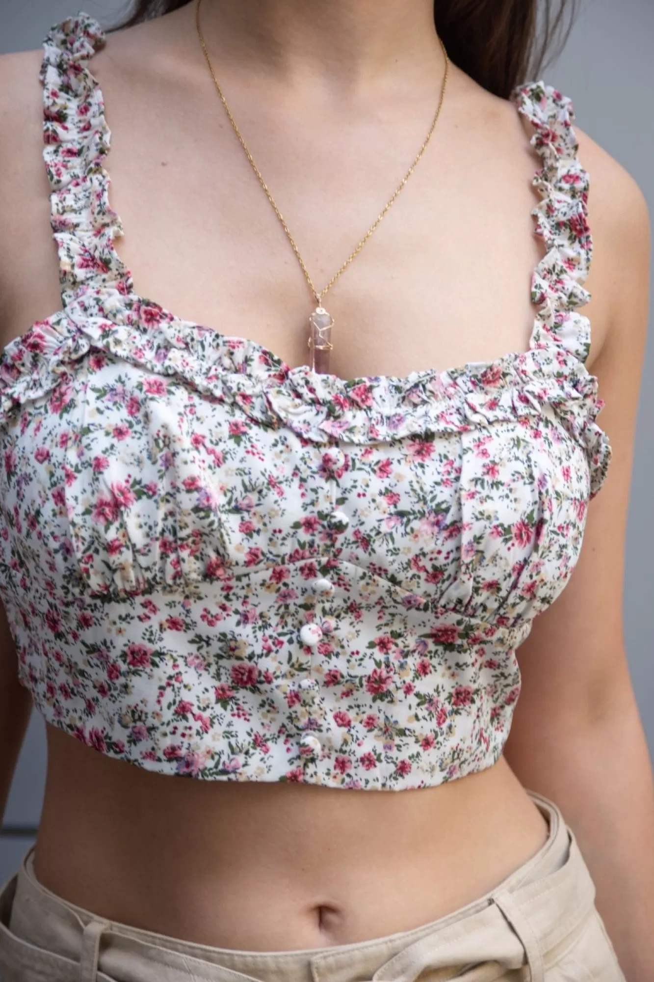 Crop Tops^Double Second Floral Print Crop Top With Frill Straps White