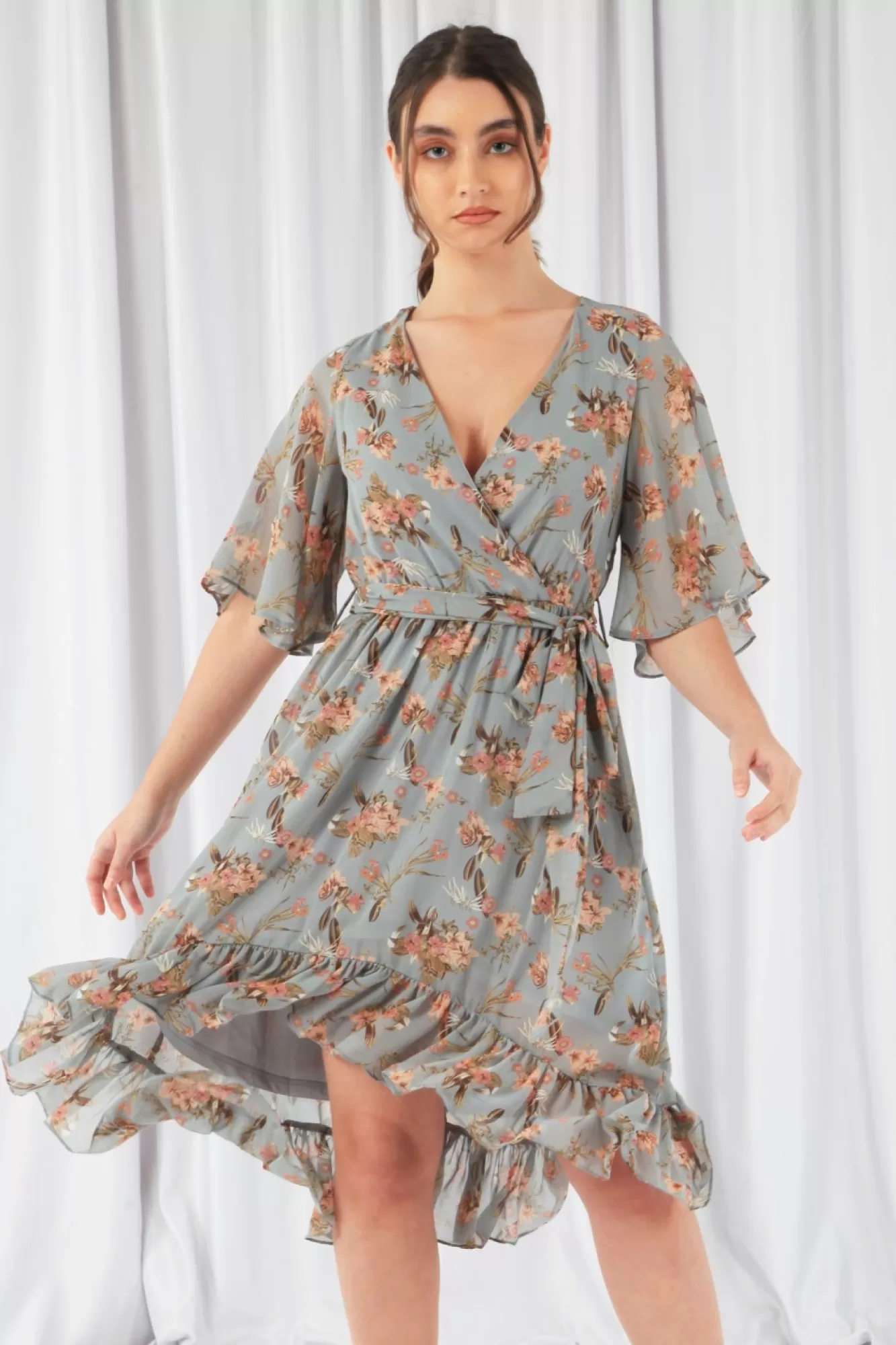 Mini Dresses^Double Second Floral Print Ruffle Midi Wrap Dress Blue