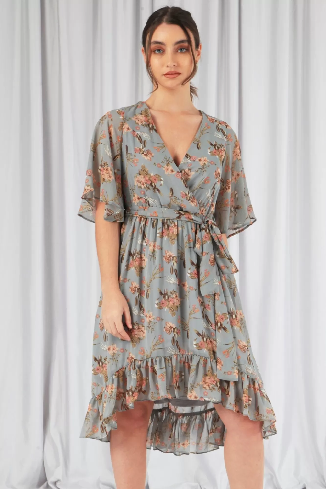 Mini Dresses^Double Second Floral Print Ruffle Midi Wrap Dress Blue