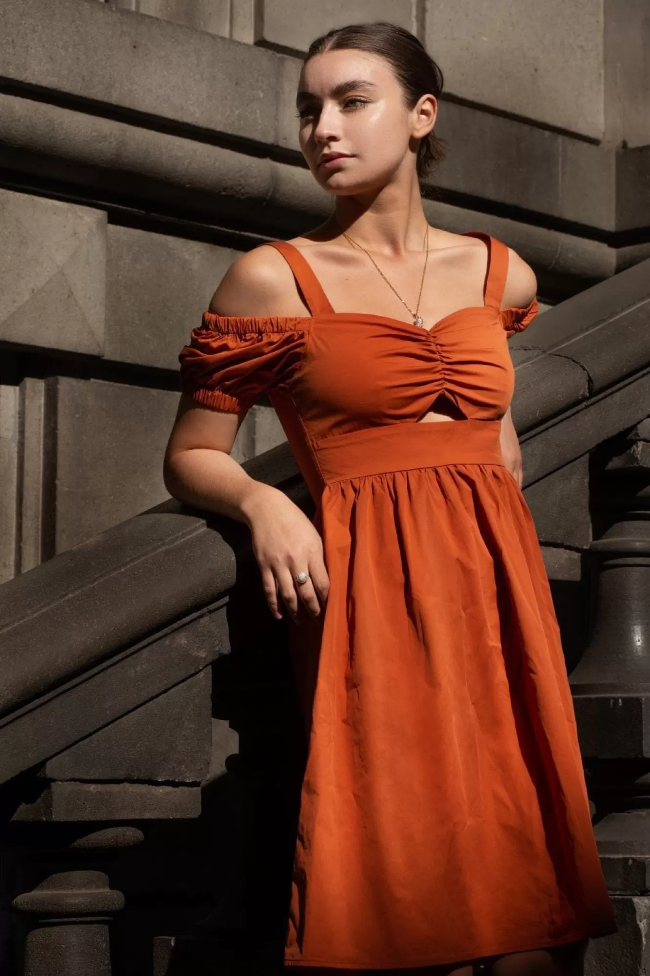 Mini Dresses^Double Second Orange Bardot Ruched Dress Burnt Orange
