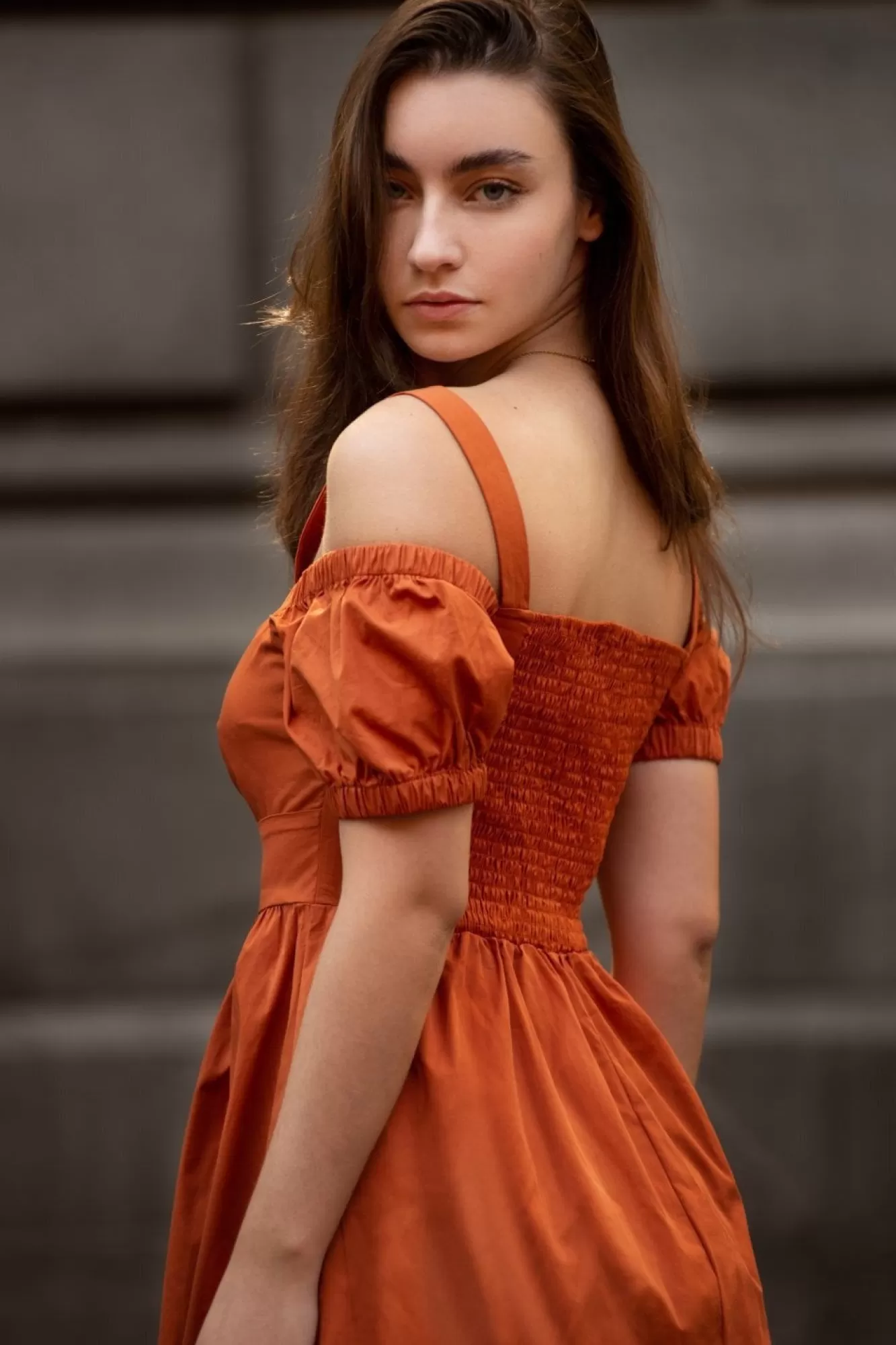 Mini Dresses^Double Second Orange Bardot Ruched Dress Burnt Orange