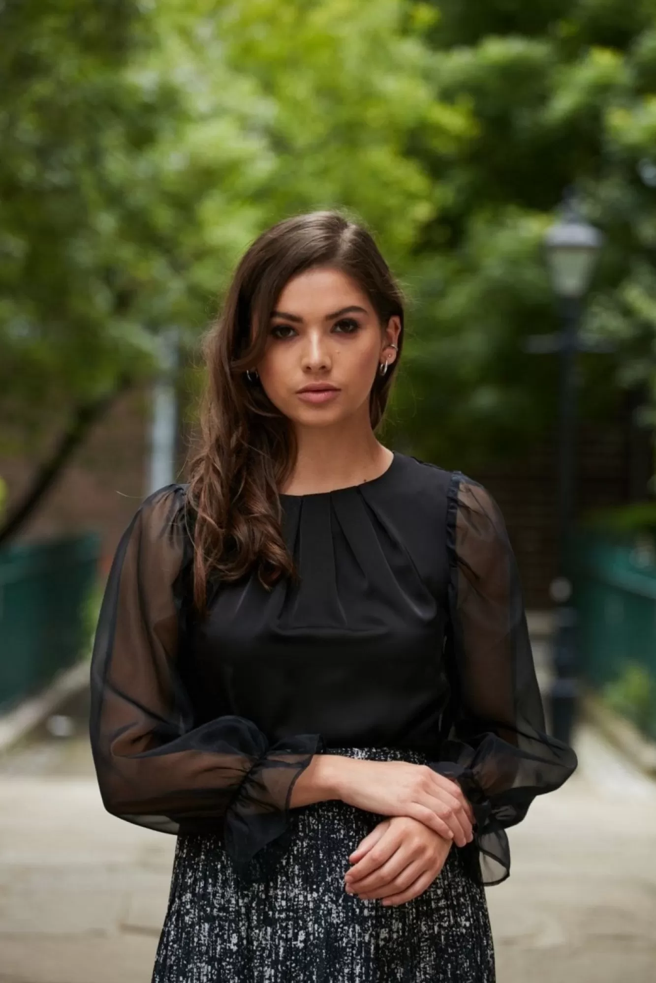 Blouses^Double Second Organza Puff Sleeve Satin Top Black