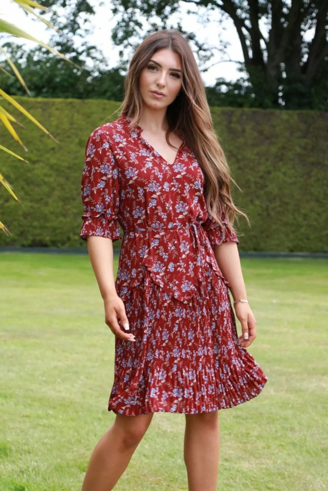 Mini Dresses^Double Second Red Floral Chiffon Pleat Detail Dress Multired