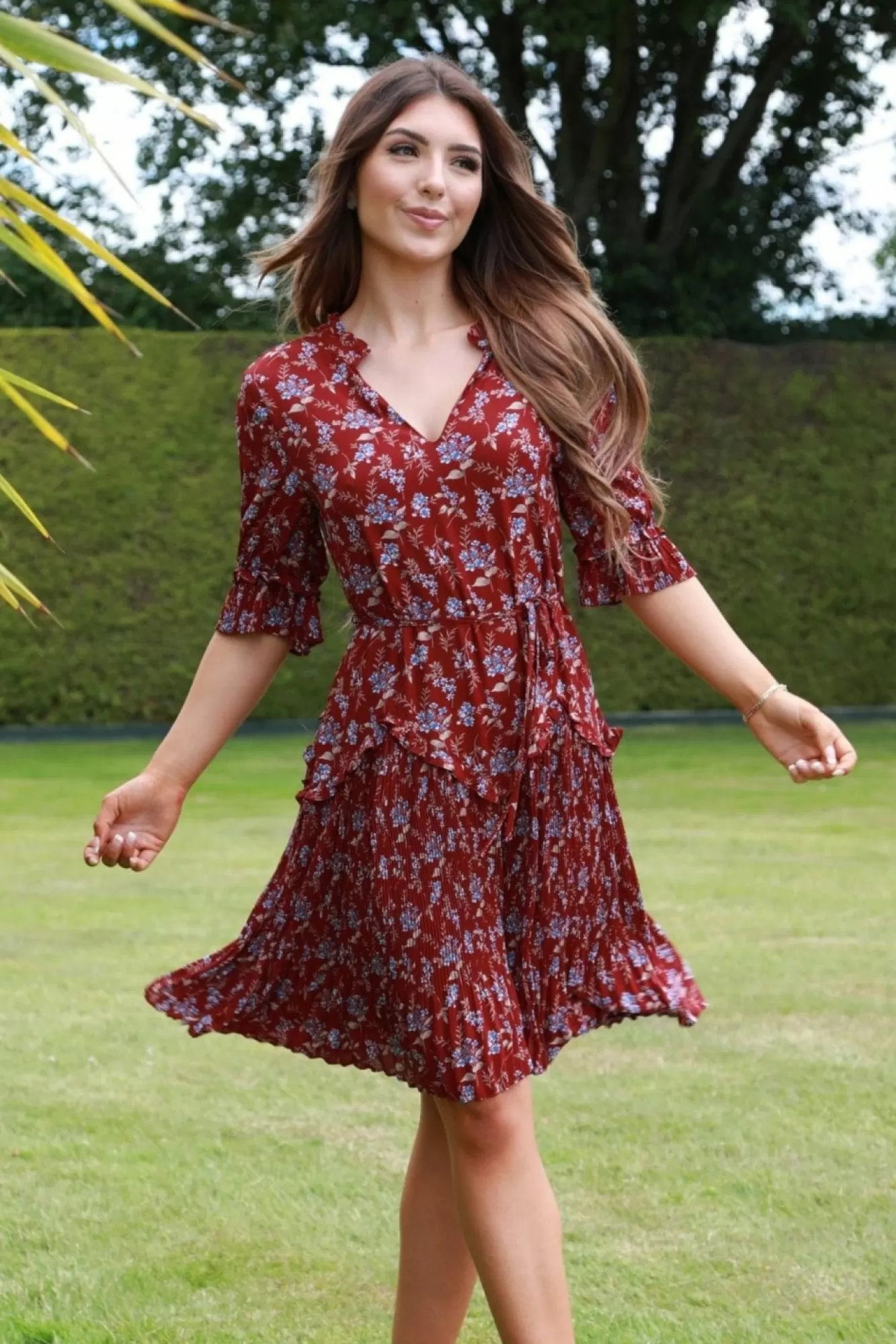 Mini Dresses^Double Second Red Floral Chiffon Pleat Detail Dress Multired