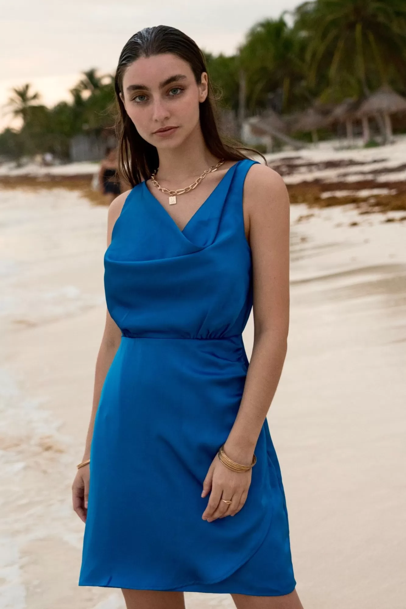 Mini Dresses^Double Second Satin Cowl Neck Wrap Dress Blue