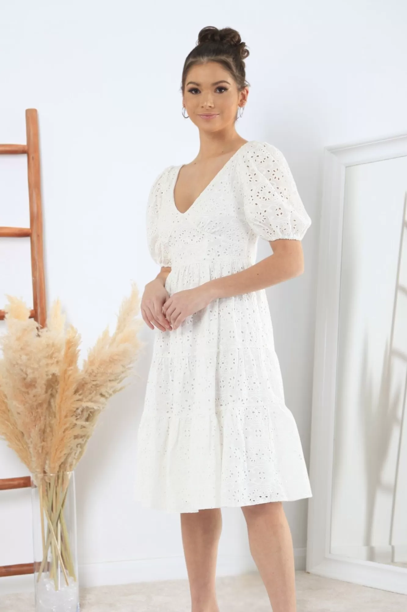 Mini Dresses^Double Second Tiered Broderie Dress White