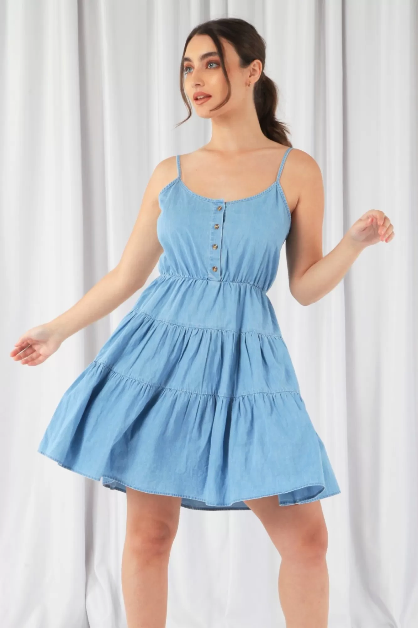 Mini Dresses^Double Second Tiered Strappy Chambray Dress Blue
