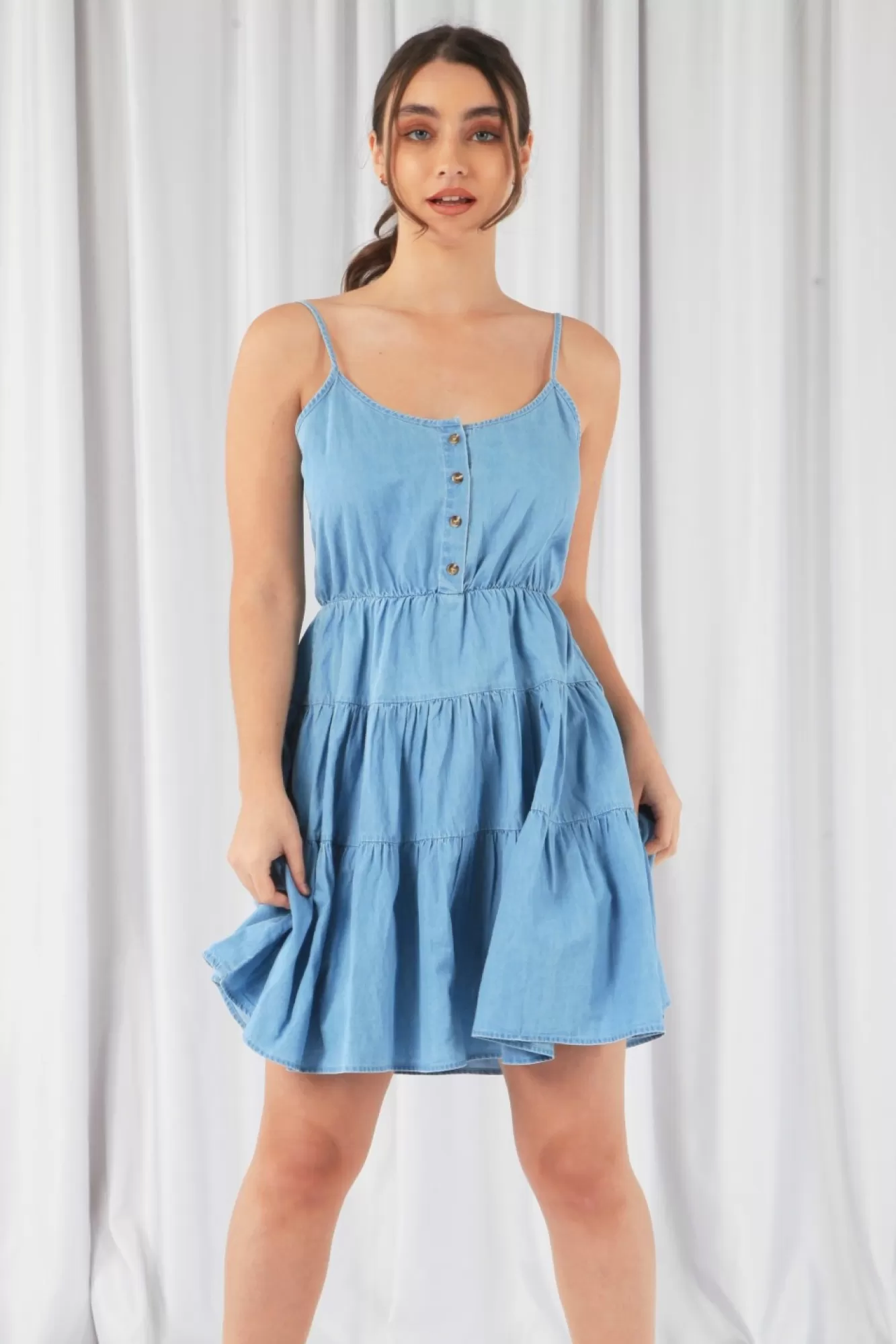 Mini Dresses^Double Second Tiered Strappy Chambray Dress Blue