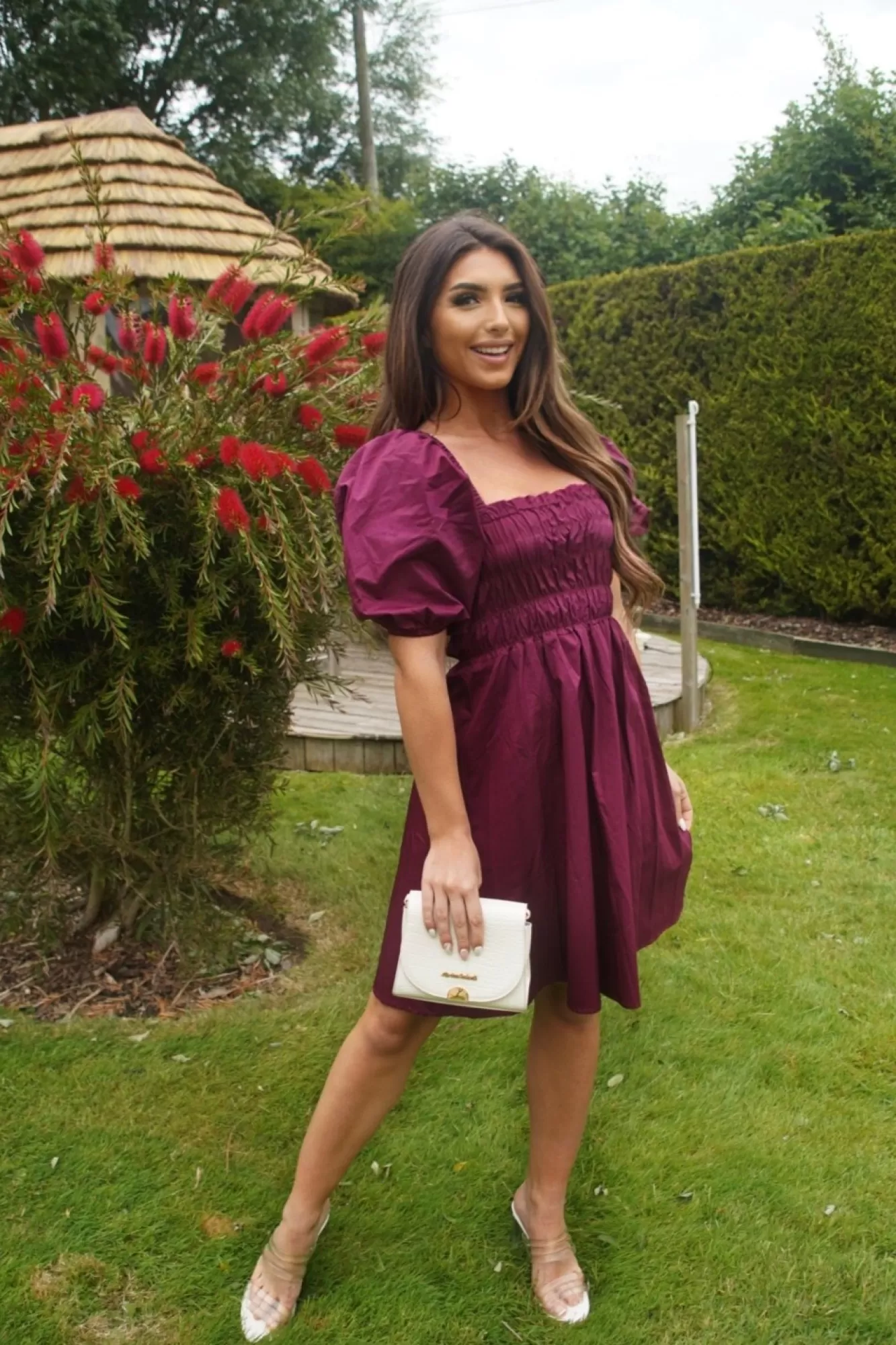 Mini Dresses^Double Second Wine Ruched Puff Sleeve Dress Red
