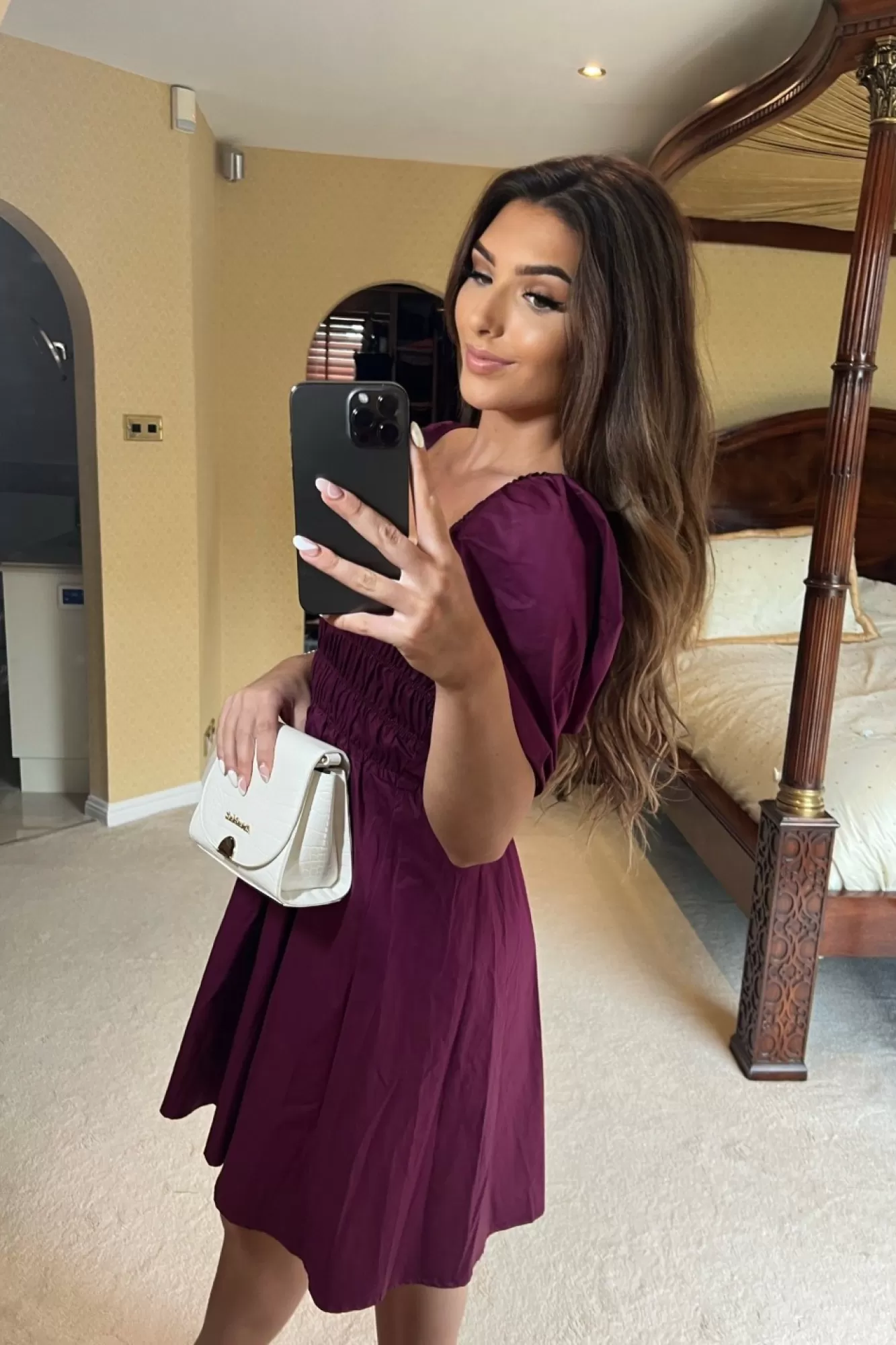 Mini Dresses^Double Second Wine Ruched Puff Sleeve Dress Red